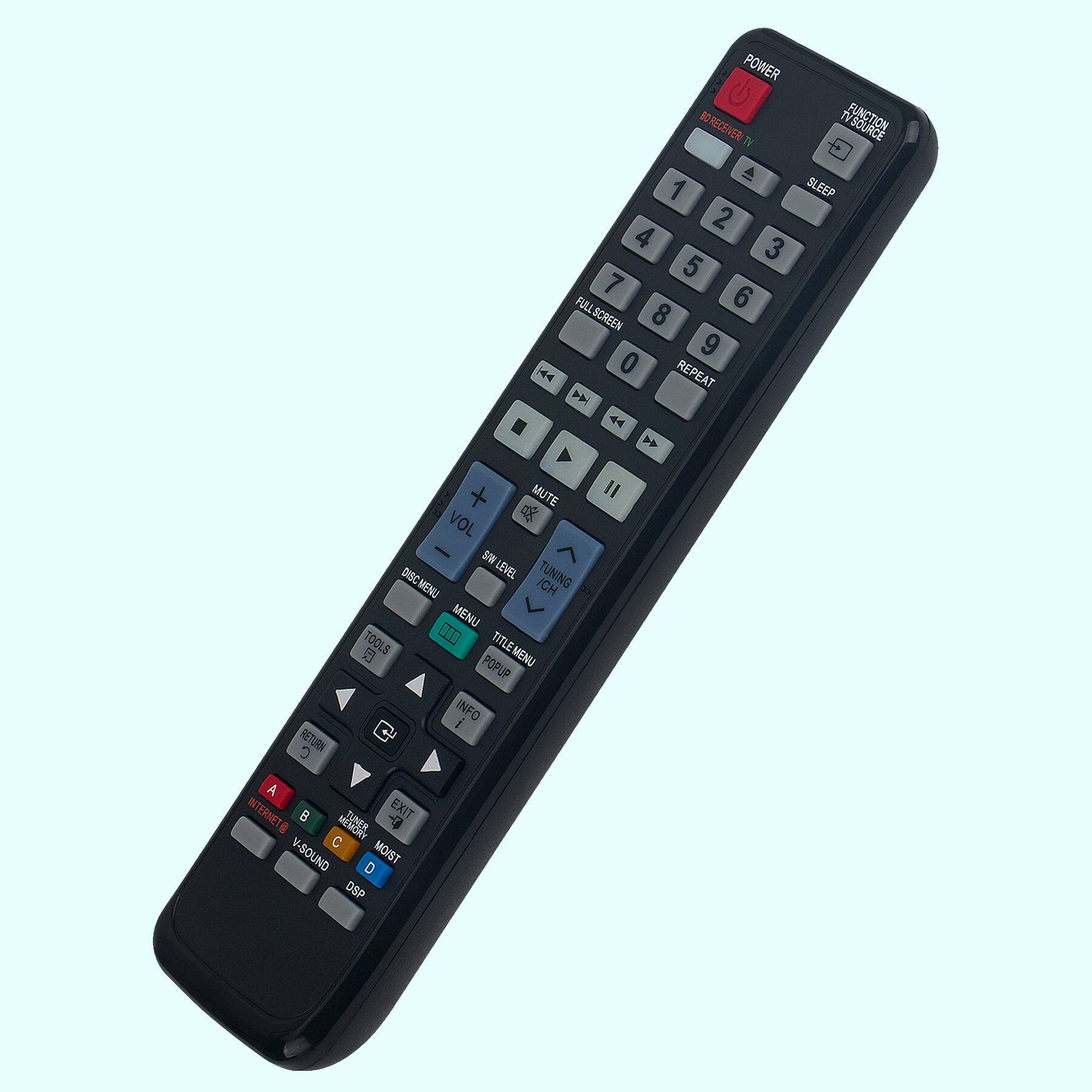 POWER  
BROADCAST TV  
TV SOURCE  
RETURN  
SLEEP  
1  
2  
3  
4  
5  
6  
7  
8  
9  
0  
FULL SCREEN  
REPEAT  
MUTE  
VOL +  
VOL -  
DISC MENU  
TUNING  
DISC MENU  
TOOLS  
TITLE MENU  
POPUP  
INFO  
RETURN  
EXIT  
INTERNET  
A  
B  
C  
D  
MEMORY  
V-SOUND  
MO/ST  
D&P