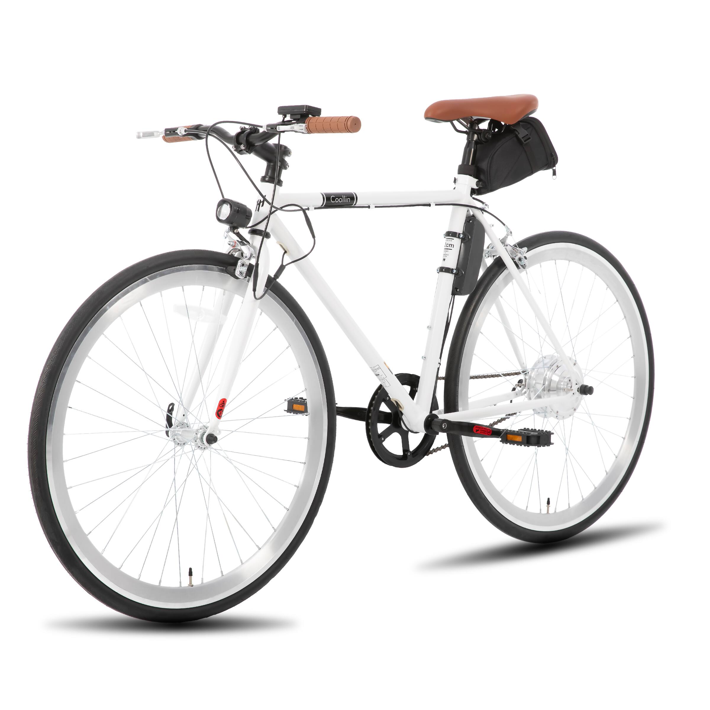 Angle. HILAND - 700C Road Electric Bike for Adults, Commuting E-bike for Men Women, 250W Motor, 36V Removable Battery, 20 MPH, White - White.