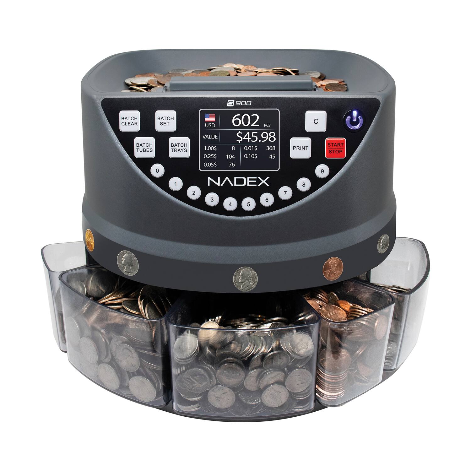 5 900  
BATCH CLEAR  
BATCH SET  
BATCH TUBES  
BATCH TRAYS  
USD  
VALUE  
1.00$  
0.25$  
0.10$  
0.05$  
PCS  
1  
8  
104  
76  
PRINT  
START  
STOP  
0.01$  
0.10$  
0.25$  
0.05$  
368  
45  
45  
NADEX  
602  
$45.98