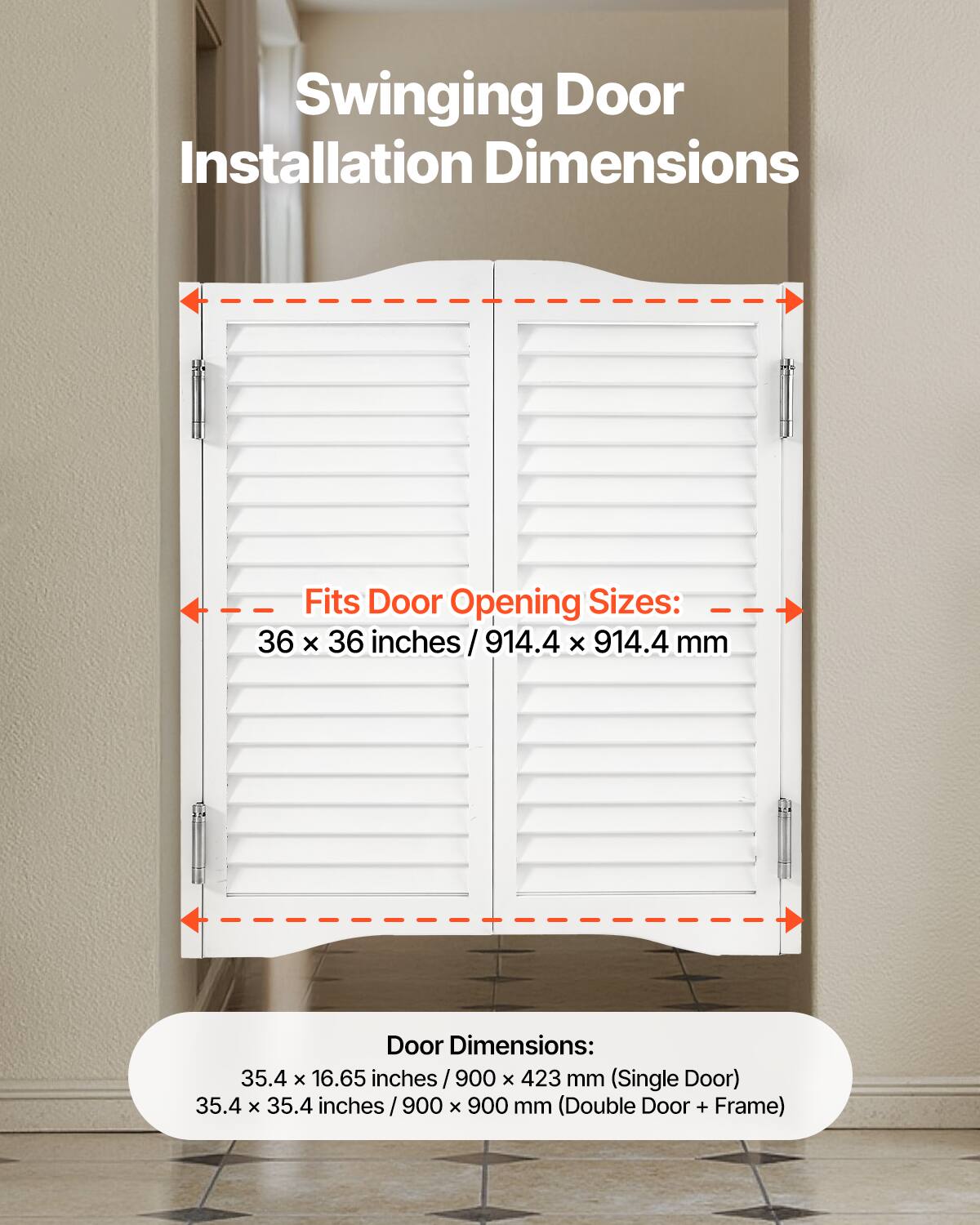 Swinging Door Installation Dimensions

Fits Door Opening Sizes: 36 x 36 inches / 914.4 x 914.4 mm

Door Dimensions:
- 35.4 x 16.65 inches / 900 x 423 mm (Single Door)
- 35.4 x 35.4 inches / 900 x 900 mm (Double Door + Frame)