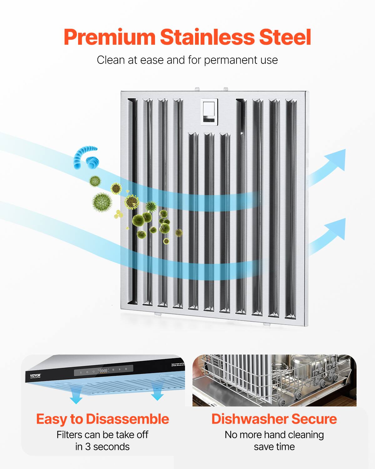 Premium Stainless Steel  
Clean at ease and for permanent use  

Easy to Disassemble  
Filters can be taken off in 3 seconds  

Dishwasher Secure  
No more hand cleaning, save time