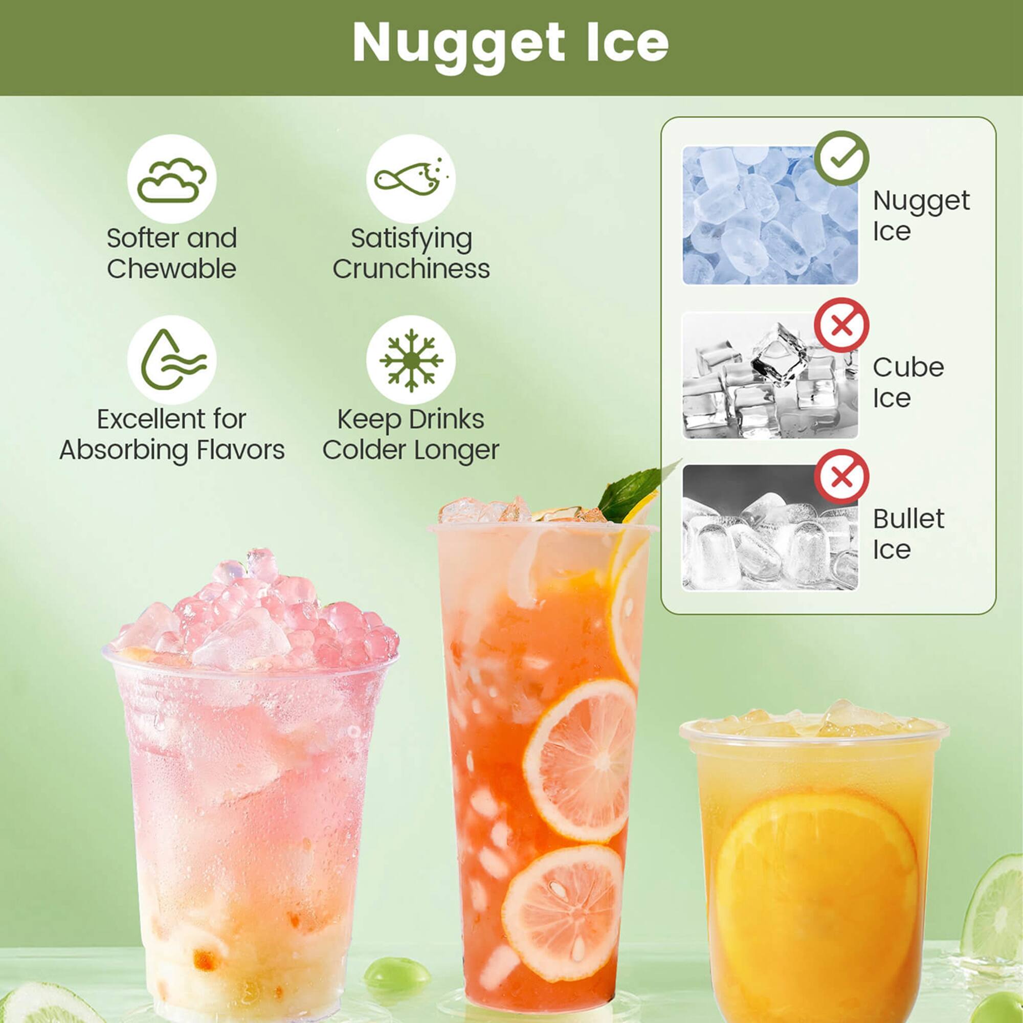Nugget Ice: Softer and Chewable, Satisfying Crunchiness, Excellent for Absorbing Flavors, Colder Longer.