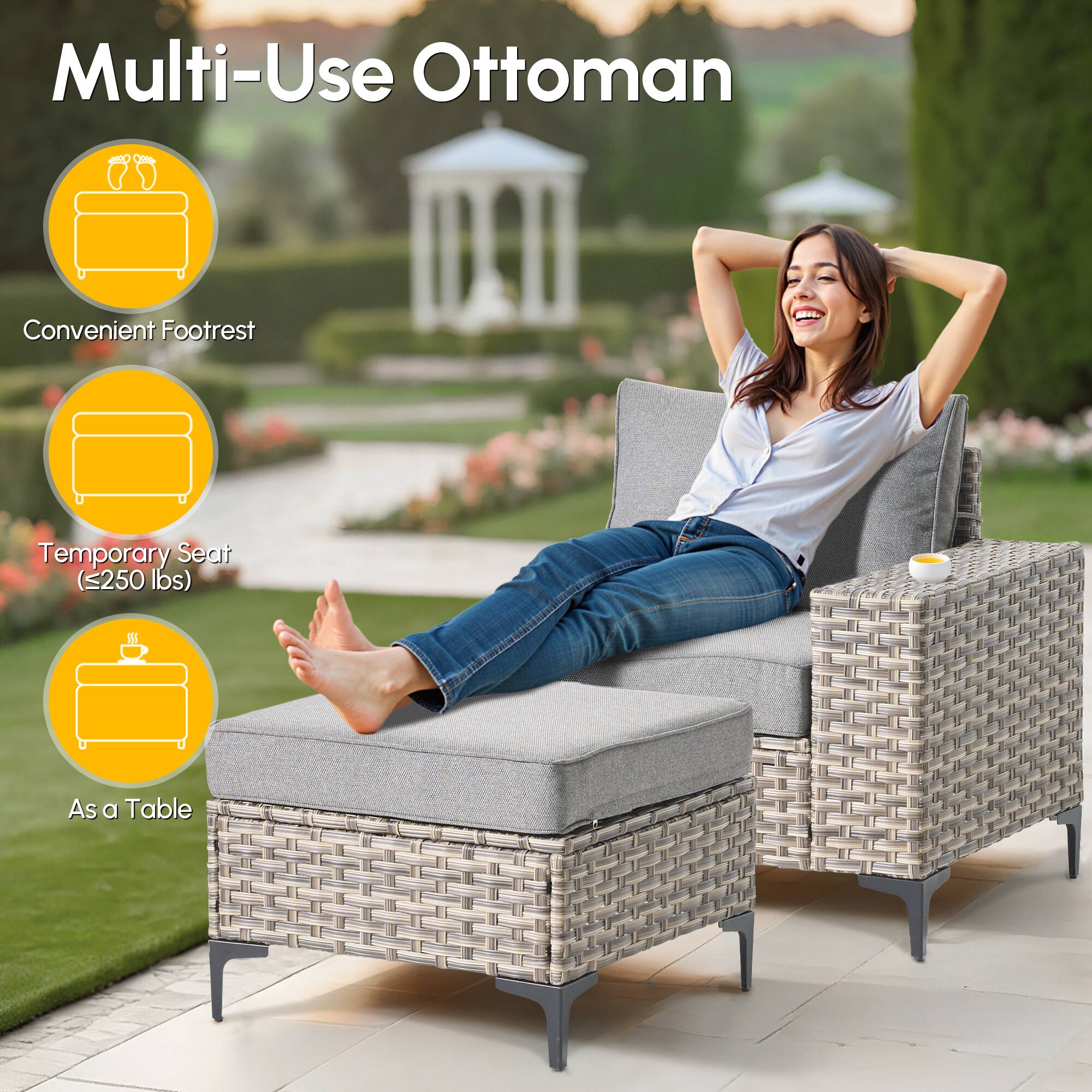 Multi-Use Ottoman

Convenient Footrest

Temporary Seat (≤250 lbs)

As a Table