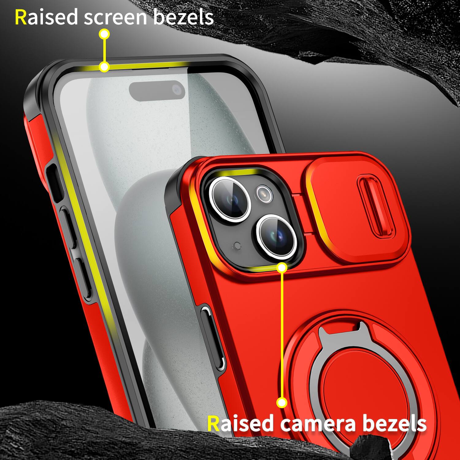Raised screen bezels  
Raised camera bezels
