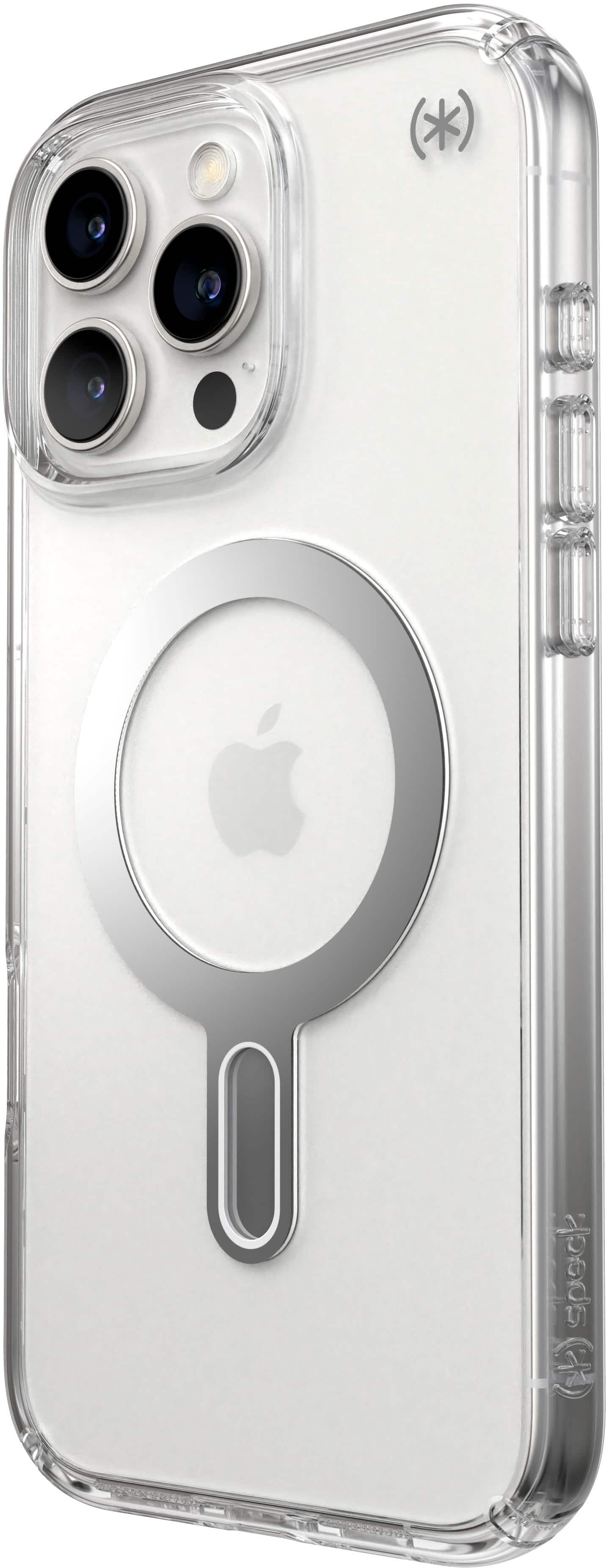 The image shows a white iPhone case with a clear back, featuring a circular Apple logo in the center. The case is designed to protect the phone while also showcasing the Apple logo.