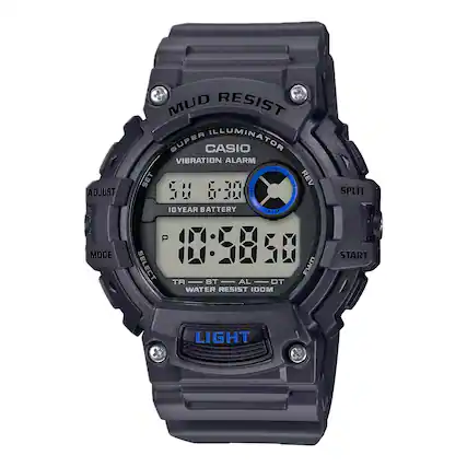 Sure, here is the corrected and grouped text from the image:
- **MUD RESIST**
- **SUPER ILLUMINATOR**
- **VIBRATION ALARM**
- **CASIO**
- **10 YEAR BATTERY**
- **WATER RESIST 100M**
- **LIGHT**
- **ADJUST**
- **MODE**
- **SELECT**
- **TR ST AL DT**
- **START**
- **SPLIT**
- **REV**
- **VIB**
- **ALM**
- **50 6:30**
- **10:50:50**
- **P**