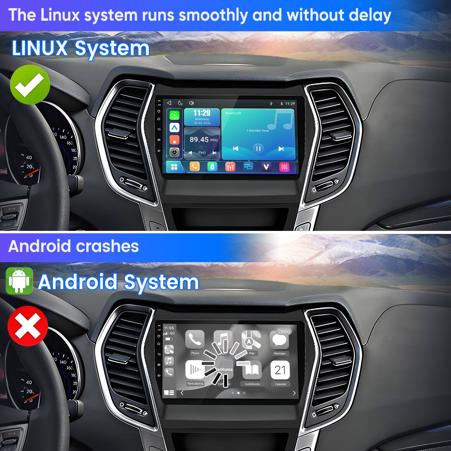 The Linux system runs smoothly and without delay  
LINUX System

Android crashes  
Android System