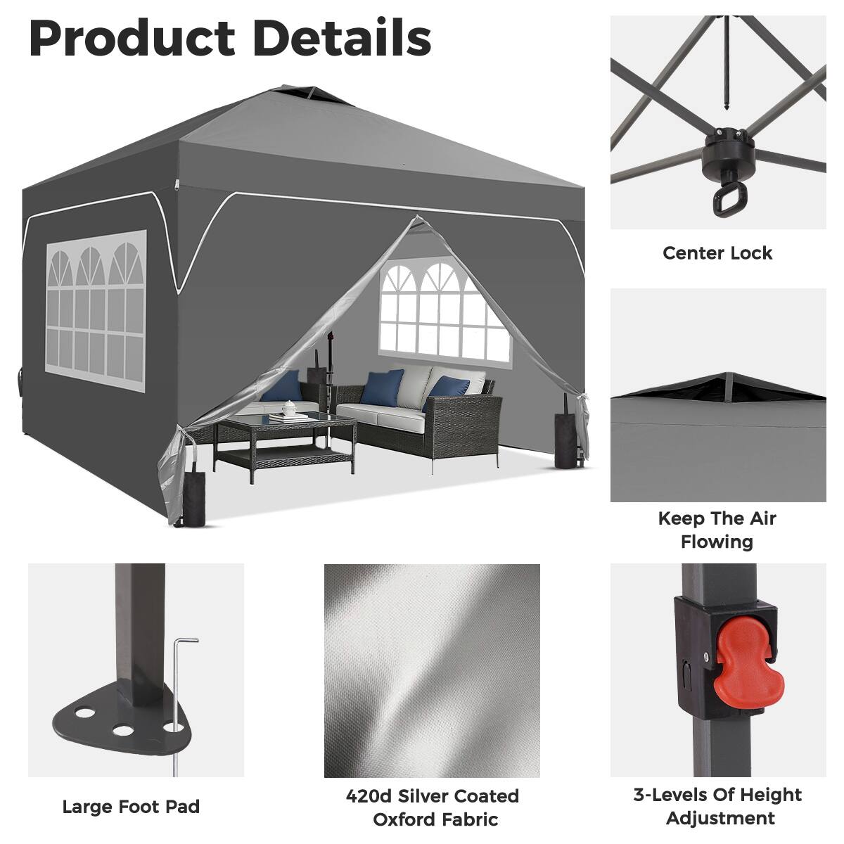 Product Details

- Center Lock
- Keep The Air Flowing
- Large Foot Pad
- 420d Silver Coated Oxford Fabric
- 3-Levels Of Height Adjustment