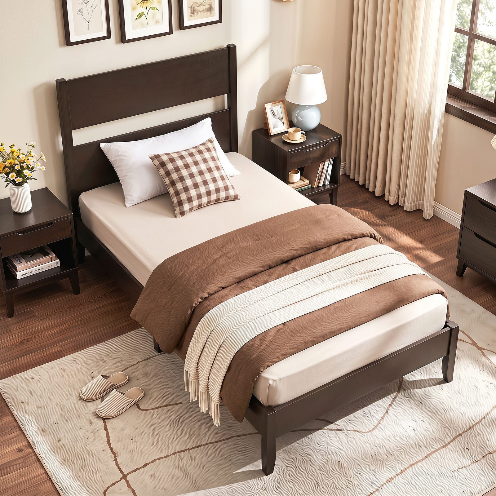 Costway - Twin Bed Frame with Headboard, Solid Wood Legs, 12 Slats, No Box Spring Needed - Dark Walnut