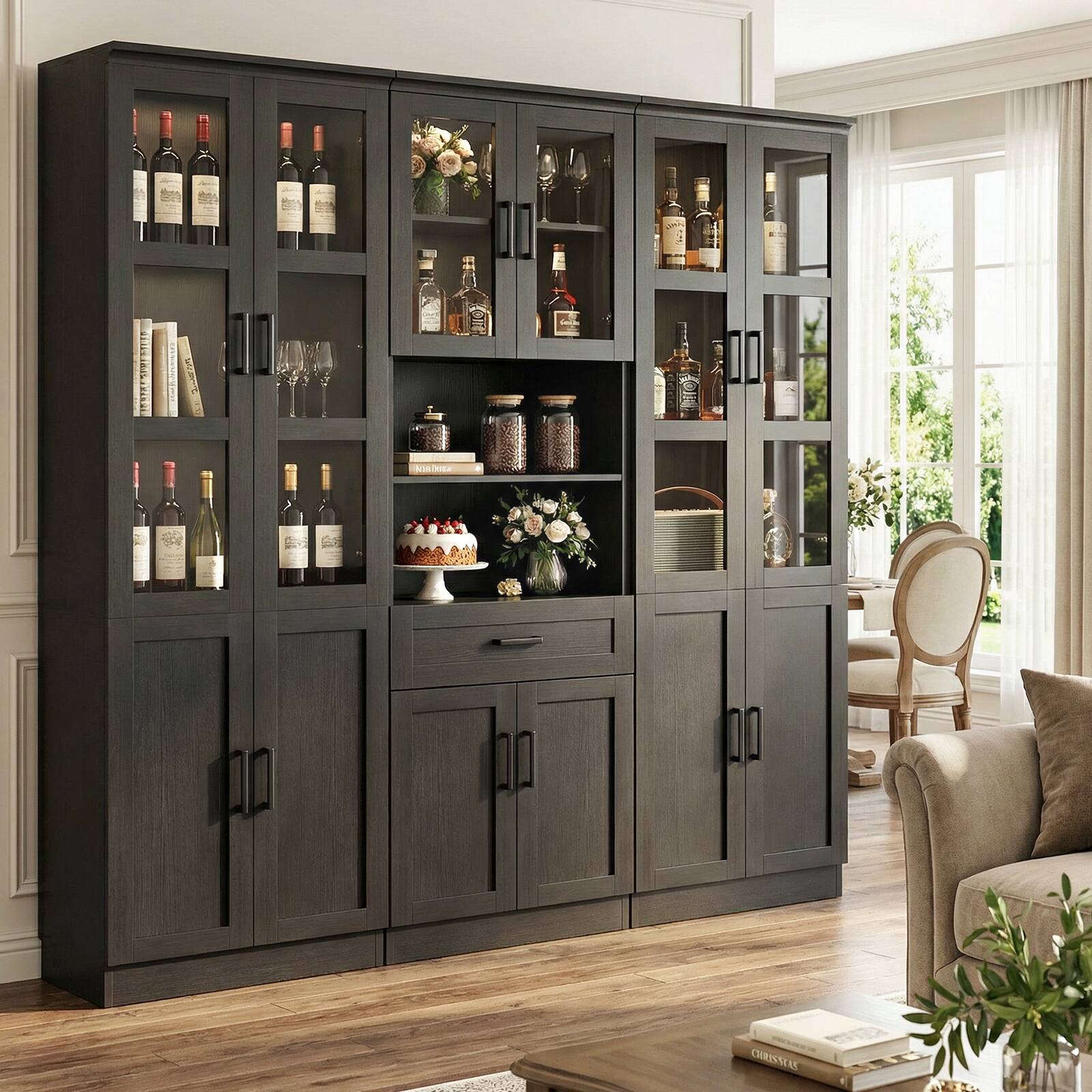 Alt View 1. Aheaplus - 79.7'' Tall Pantry Cabinet 3-Piece Set - 70.8'' Width Kitchen Hutch Cabinet with Drawers & Adjustable Shelves - Black.