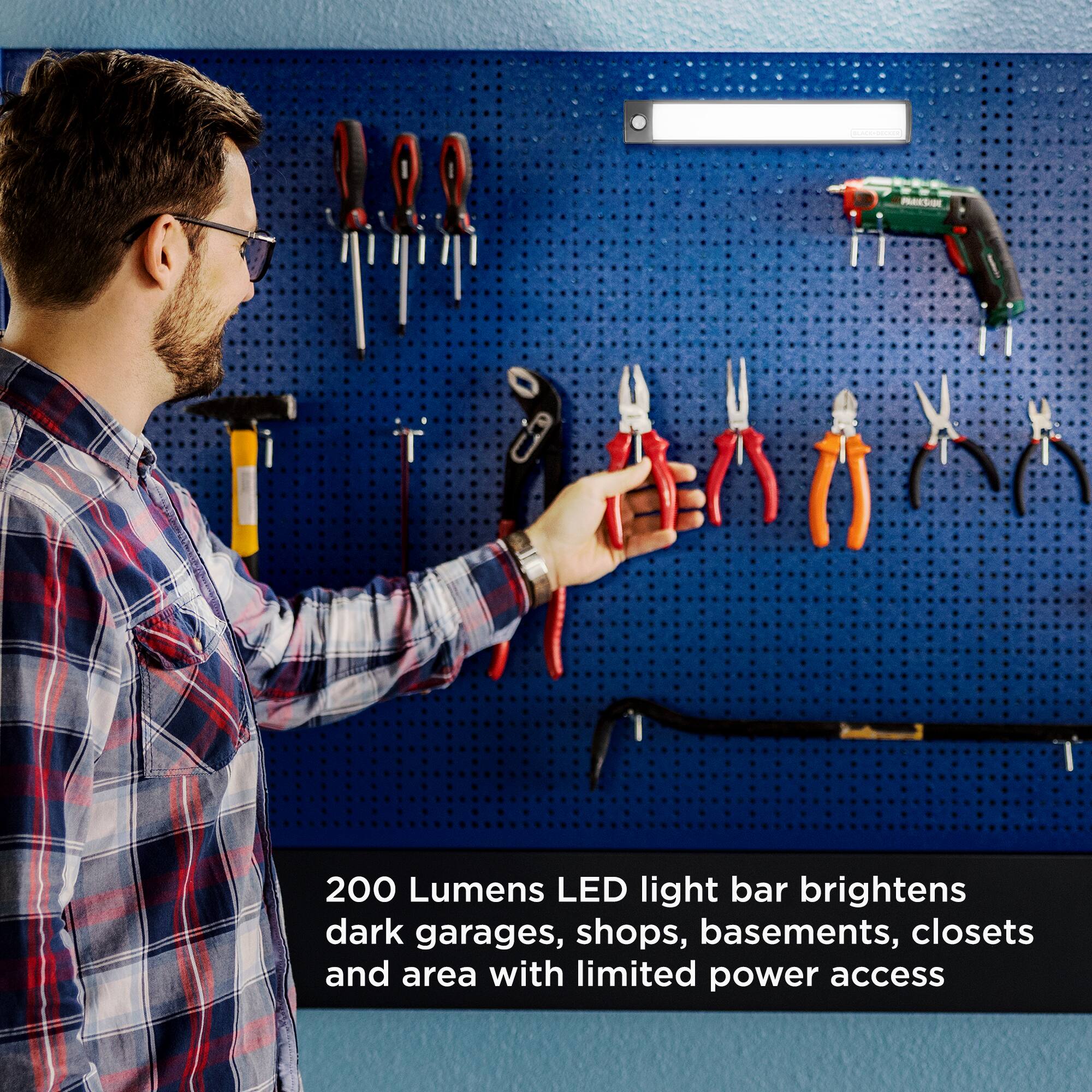 PARKSIDE  
200 Lumens LED light bar brightens dark garages, shops, basements, closets and area with limited power access