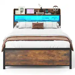 Costway - Coatway Full Bed Frame with LED Lights Power Outlets Storage Headboard Metal Slat Support - Rustic Brown