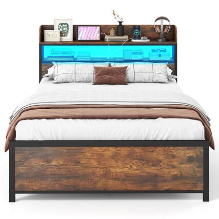 Front. Costway - Coatway Full Bed Frame with LED Lights Power Outlets Storage Headboard Metal Slat Support - Rustic Brown.