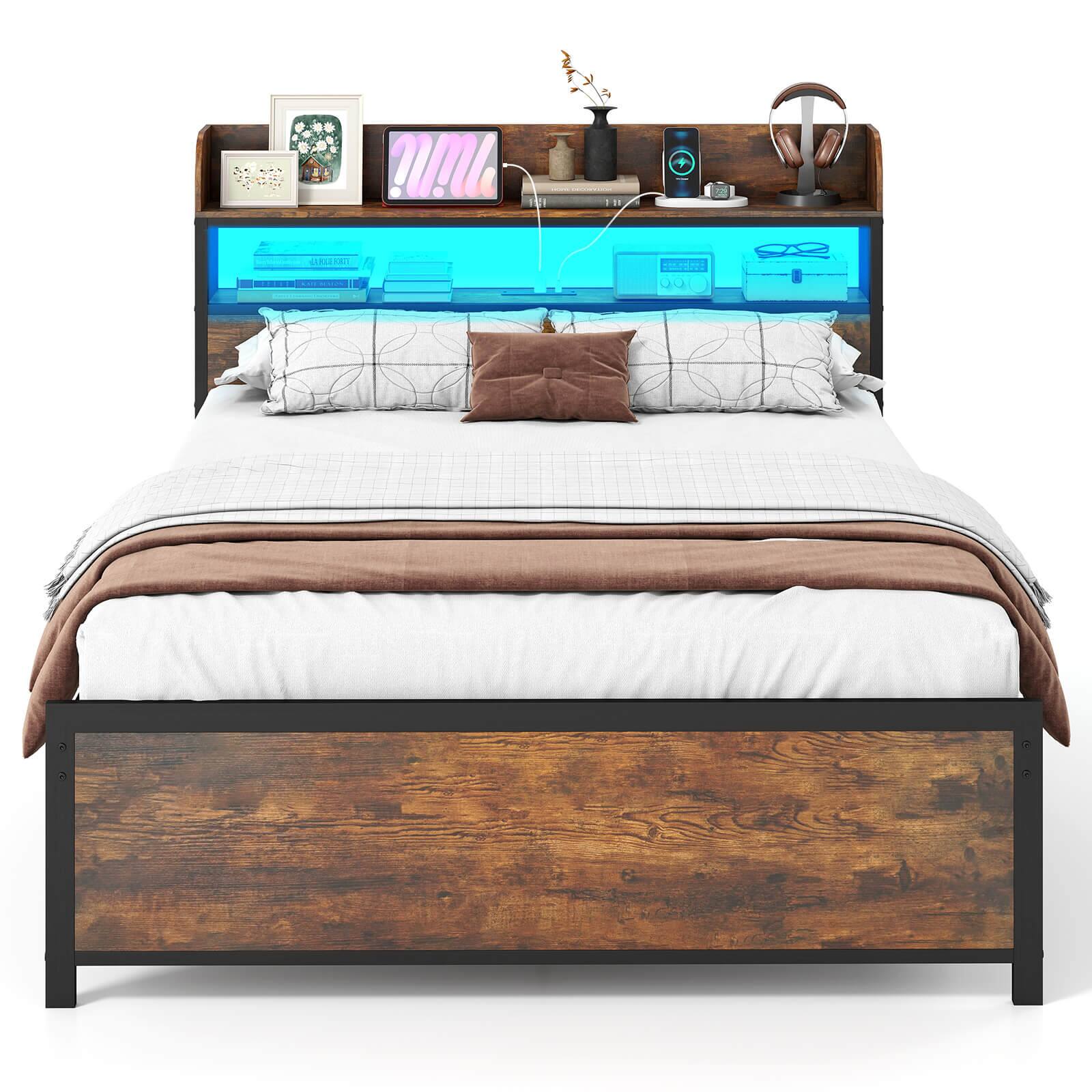 Front. Costway - Coatway Full Bed Frame with LED Lights Power Outlets Storage Headboard Metal Slat Support - Rustic Brown.