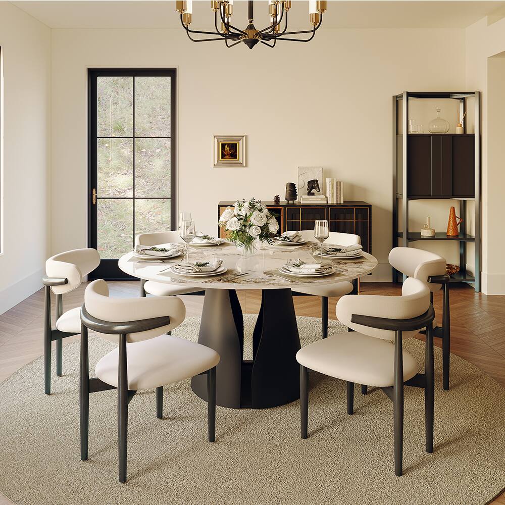 Angle. POVISON - 59" Modern Round Dining Table for 6, Glossy Pandora Sintered Stone Round Dining Table, Solid Black Carbon Steel Base - Pandora & Black Steel Base.