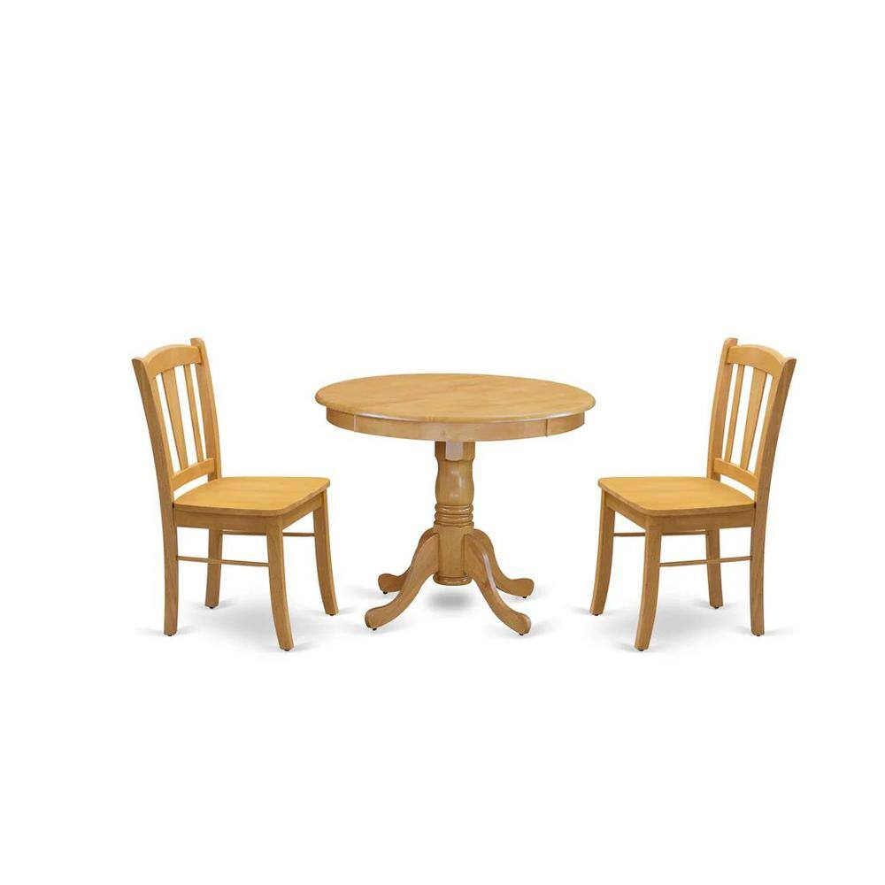 Left. East West Furniture - ANDL3-OAK-W - 3-Piece Dinette Room Set- 2 Kitchen Dining Chair and Wooden Dining Table - Wooden Seat and Slatted Chair - Oak.