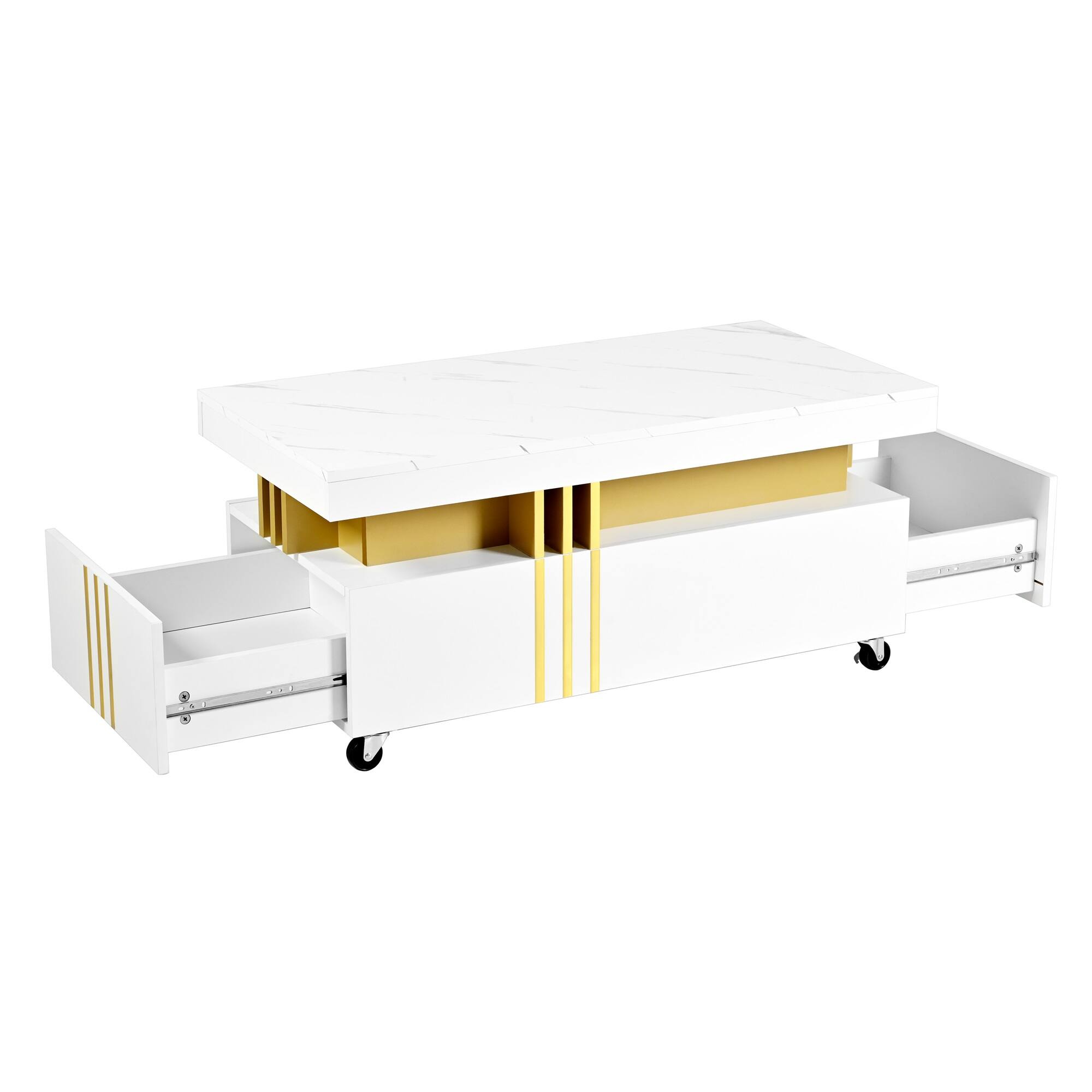 Alt View 5. Tiramisubest - Contemporary Coffee Table with Faux Marble Top,Caster Wheels,Moderate Luxury Center Table with Gold Metal Bars,White - White.