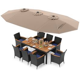 Costway - 11 PCS Patio Wicker Dining Set with Double-Sided Outdoor Umbrella 8 Stackable Chairs - Brown+Navy