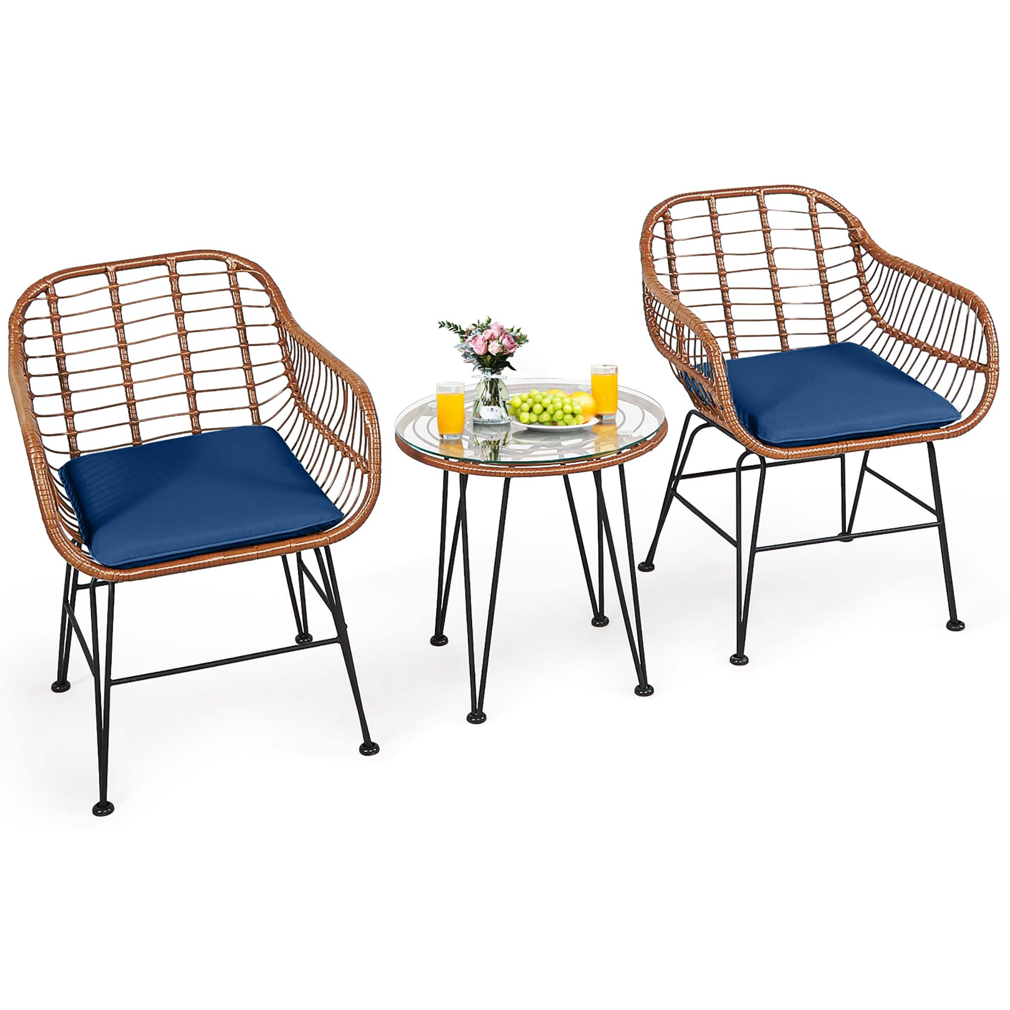 Alt View 10. Costway - 3PCS Patio Rattan Bistro Set Coffee Table Armchair Garden Cushion - Navy.