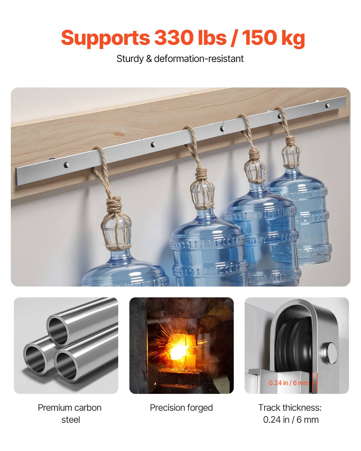 Supports 330 lbs / 150 kg  
Sturdy & deformation-resistant  

Premium carbon steel  
Precision forged  
Track thickness: 0.24 in / 6 mm