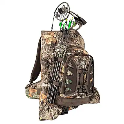 Front. Vulpecula Spade - Hunting by frogg toggs- The Vision Bow Pack, Camouflaged Hunting Pack - Realtree Edge.