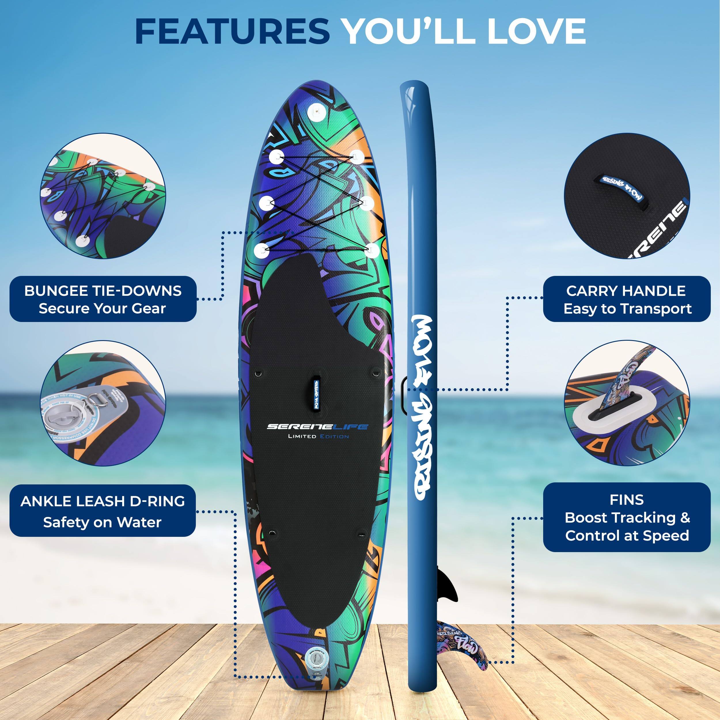 FEATURES YOU'LL LOVE

- BUNGEE TIE-DOWNS Secure Your Gear
- ANKLE LEASH D-RING Safety on Water
- CARRY HANDLE Easy to Transport
- FINS Boost Tracking & Control at Speed