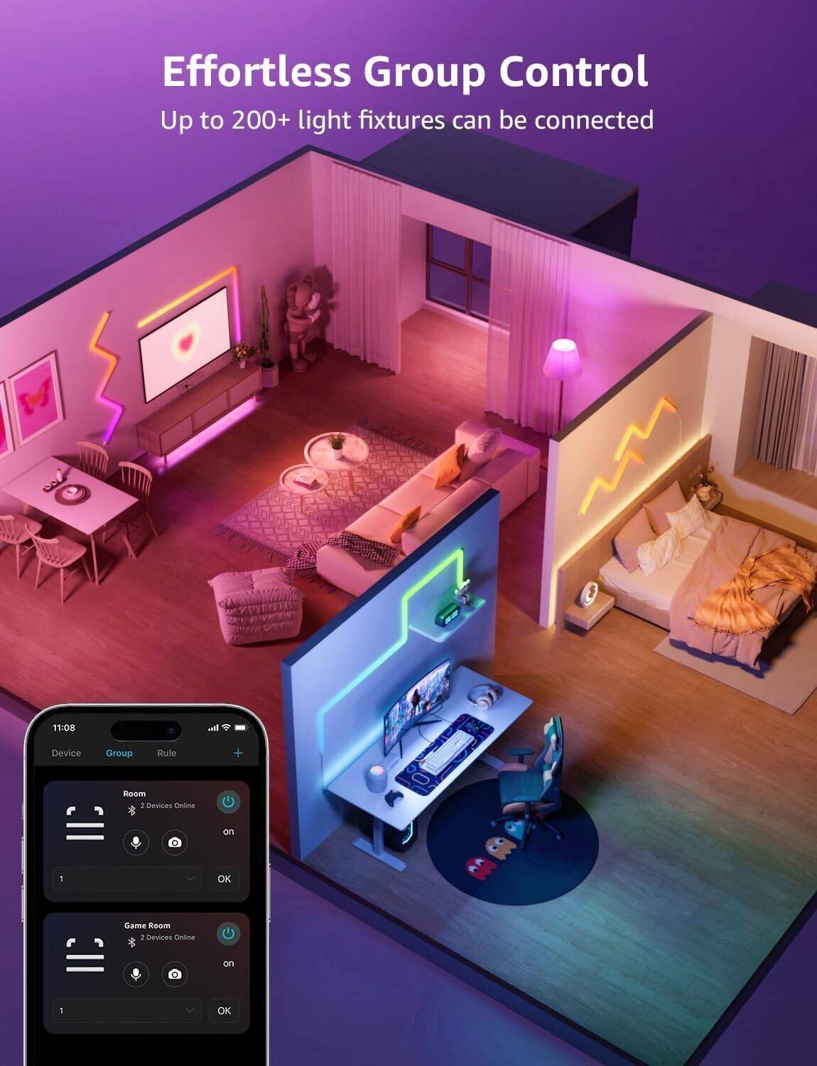 Effortless Group Control: Up to 200+ light fixtures can be connected.

1. Device Group Rule + Room: 2 Devices Online on OK.
2. Game Room: 2 Devices Online on OK.