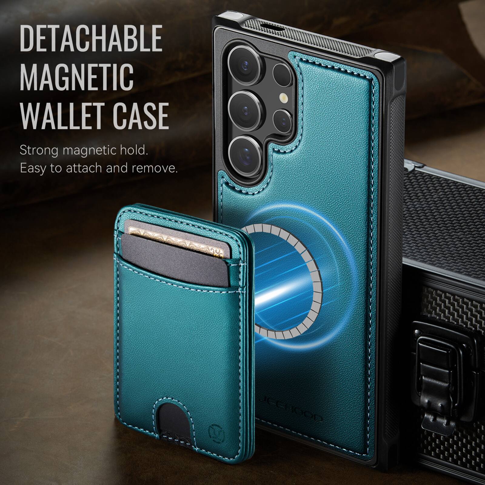 DETACHABLE MAGNETIC WALLET CASE  
Strong magnetic hold.  
Easy to attach and remove.  

JECHOOD