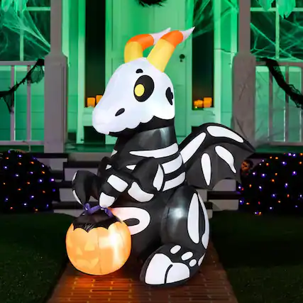 Front. Joyfy - 5FT Halloween Inflatable Decoration Cute Skeleton Dragon Inflatable with Build-in LEDs for Party Indoor Outdoor, Yard - Black.
