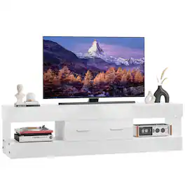Bestier - 60 Inch LED TV Stand for TVs up to 65 Inch Glossy Media Console with Storage Drawer & LED Remote Control - White