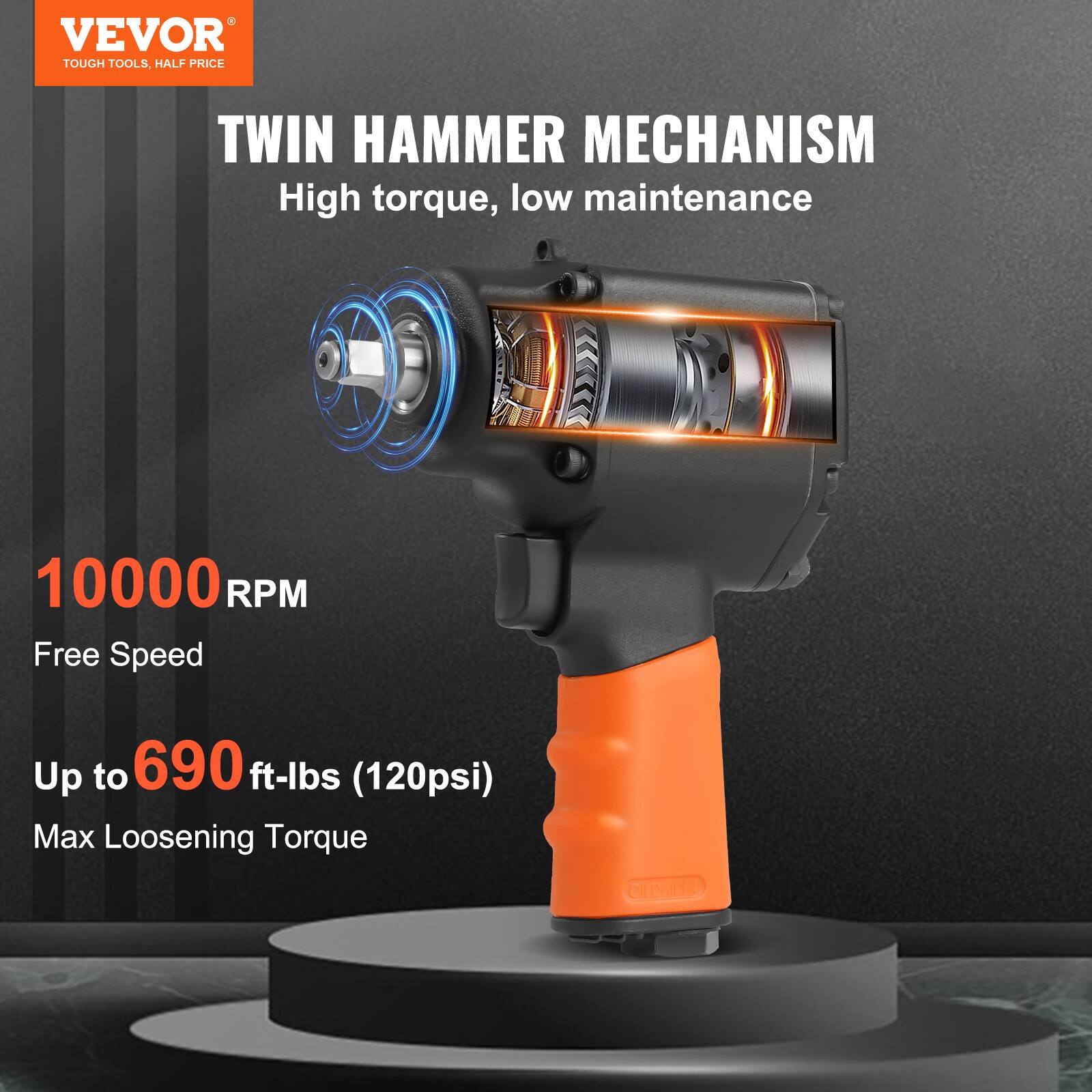 VEVOR  
TOUGH TOOLS, HALF PRICE  

TWIN HAMMER MECHANISM  
High torque, low maintenance  

10000 RPM  
Free Speed  

Up to 690 ft-lbs (120psi)  
Max Loosening Torque
