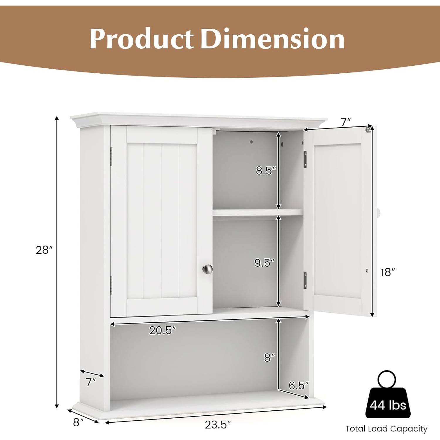 Product Dimension

- Height: 28"
- Width: 23.5"
- Depth: 20.5"
- Door Height: 18"
- Door Width: 7"
- Shelf 1 Height: 8.5"
- Shelf 1 Depth: 9.5"
- Shelf 2 Height: 8"
- Shelf 2 Depth: 6.5"
- Bottom Shelf Height: 7"
- Bottom Shelf Depth: 8"

Total Load Capacity: 44 lbs