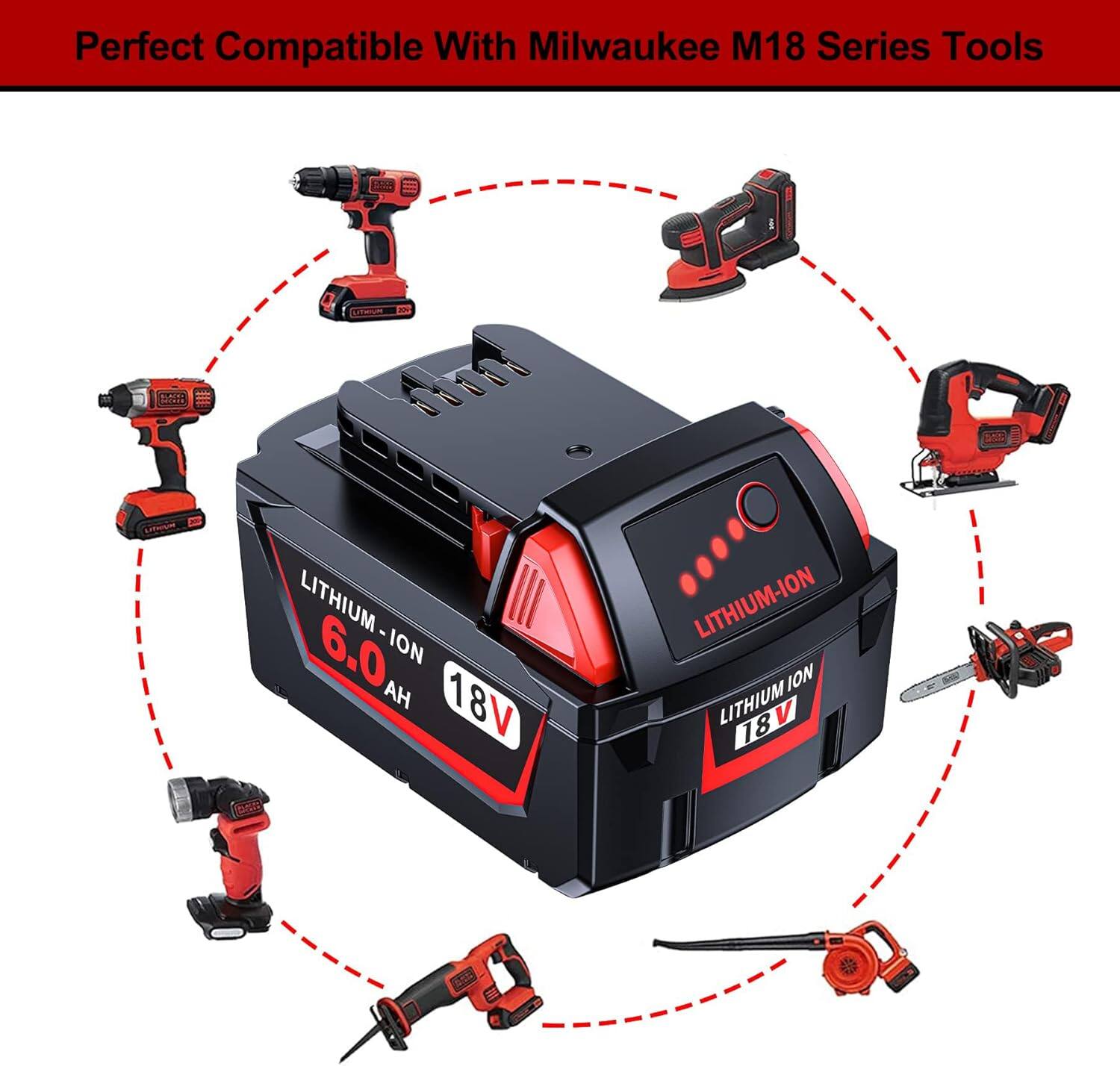 Perfect Compatible With Milwaukee M18 Series Tools  
LITHIUM-ION 6.0 ION 18V LITHIUM-ION