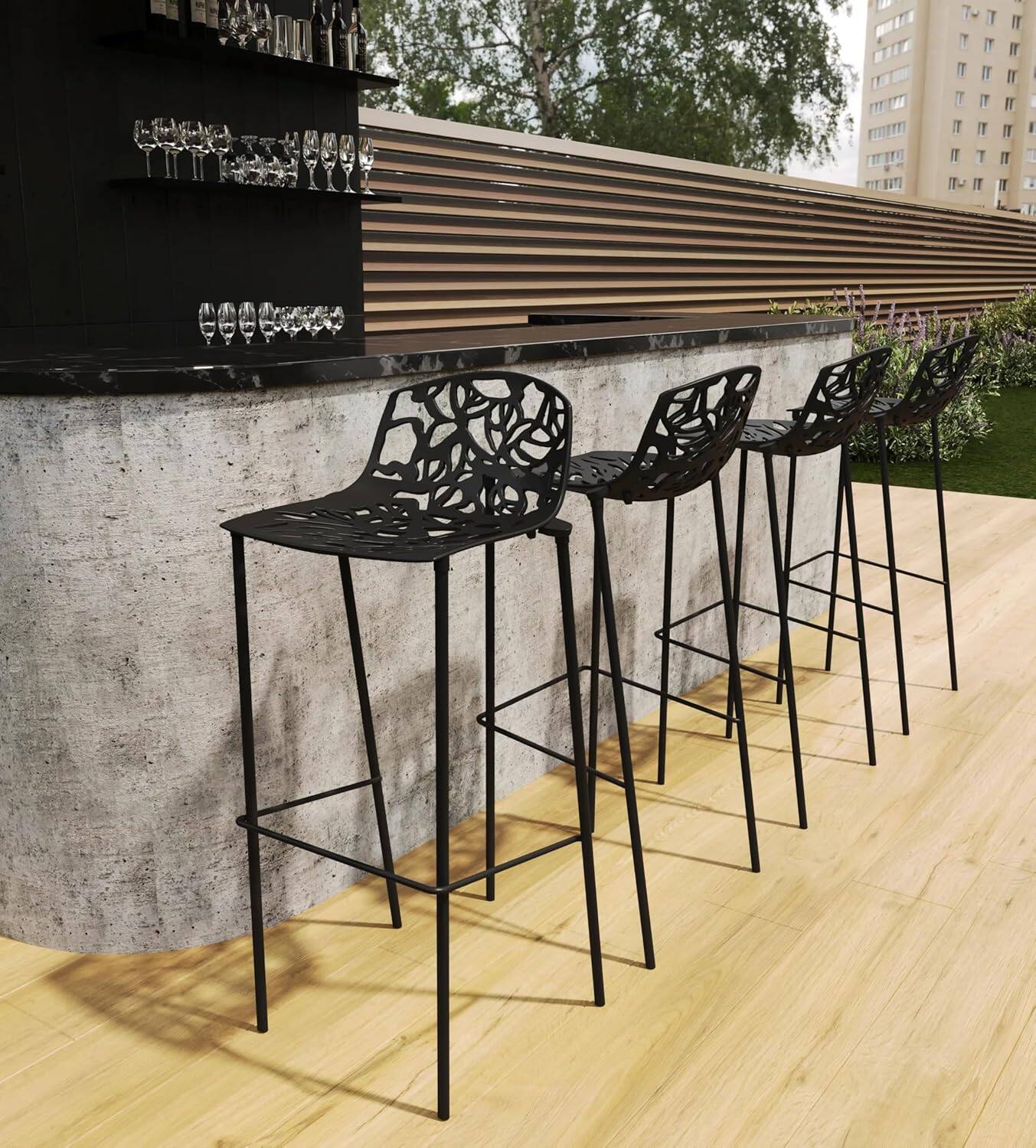 Angle. LeisureMod - Devon (Set of 2) Modern Aluminum Bar Stool - Rust Resistant Indoor/Outdoor Dining Stool with Footrest - Black.