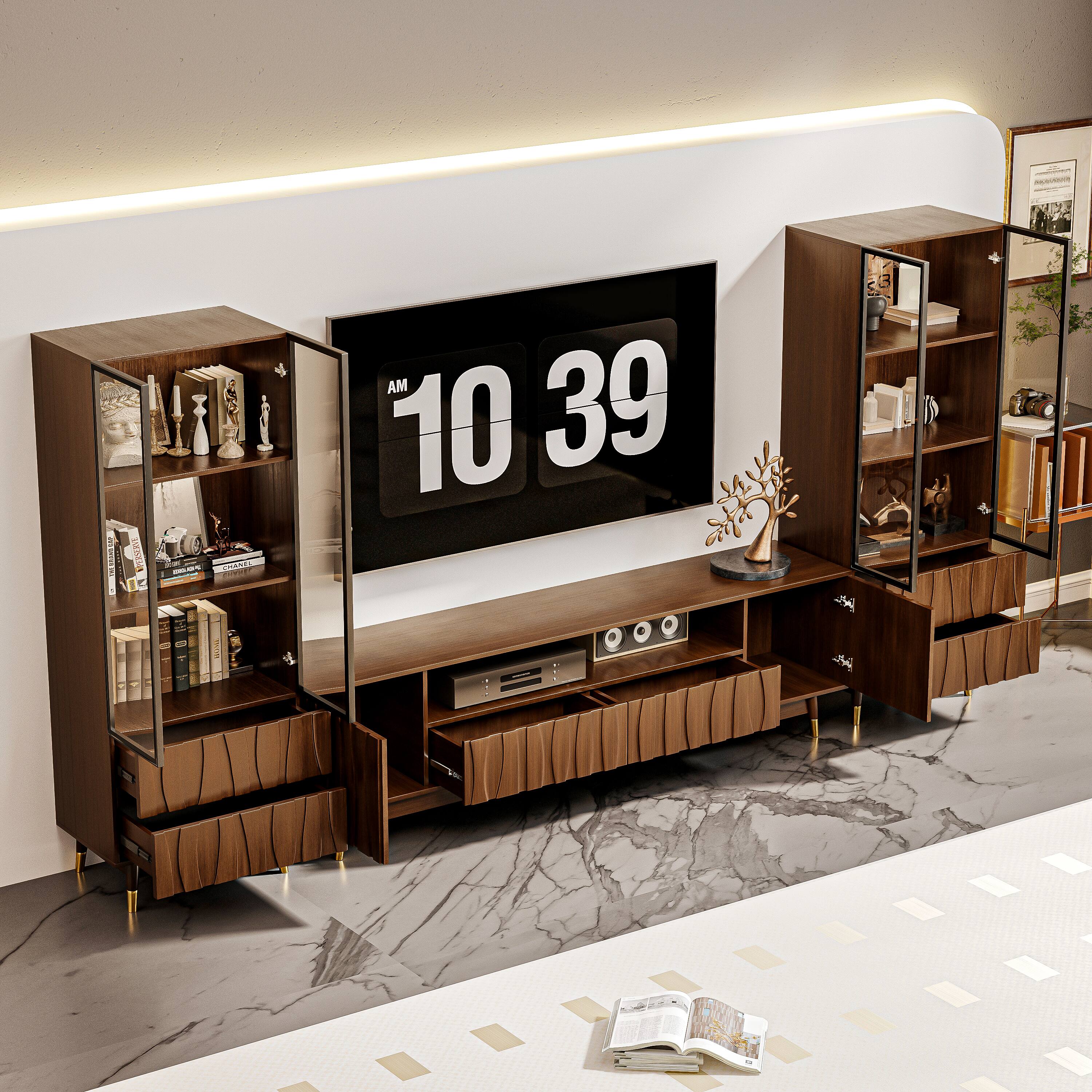 Alt View 1. MSOOB - 3 Pieces Mid-Century Modern Entertainment Center, 126 Inch TV Stand and Two Glass Display Cabinets Set with Lighting - Brown.