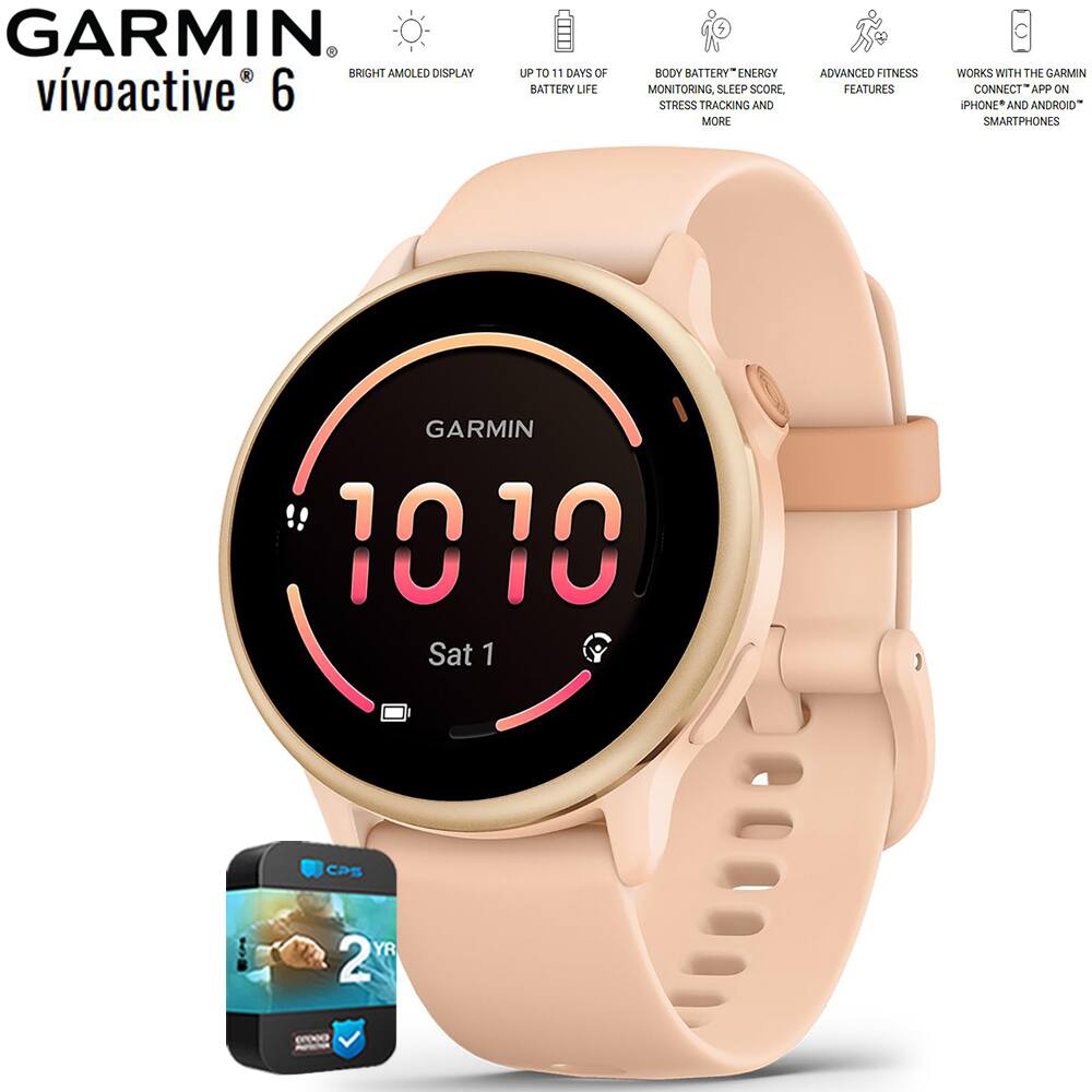 GARMIN  
vivoactive 6  

- BRIGHT AMOLED DISPLAY  
- UP TO 11 DAYS OF BATTERY LIFE  
- BODY BATTERY™ ENERGY MONITORING, SLEEP SCORE, STRESS TRACKING AND MORE  
- ADVANCED FITNESS FEATURES  
- WORKS WITH THE GARMIN CONNECT™ APP ON IPHONE® AND ANDROID® SMARTPHONES  

GARMIN  
10:10  
Sat 1  

CPS  
2 YR