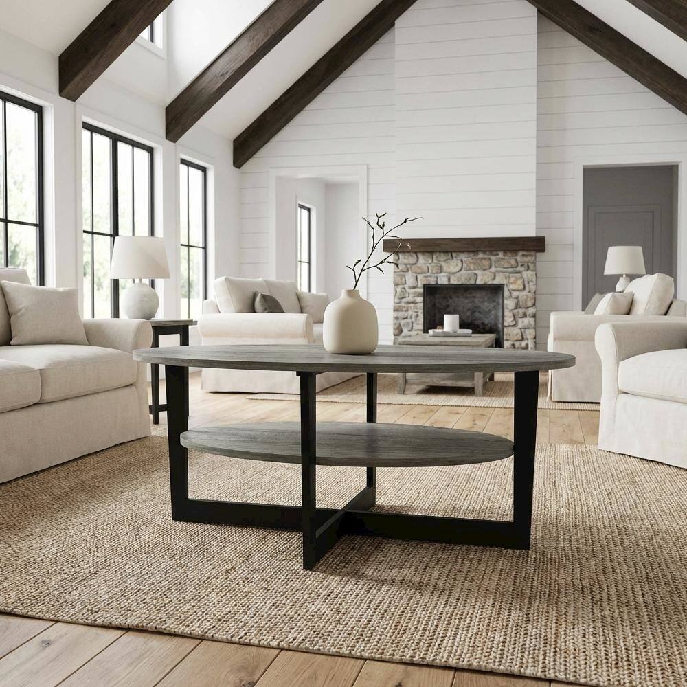Angle. FurniFact - Oval Coffee Table French Oak Grey Black with Modern Design and Durable Surface - French Oak Grey/Black.