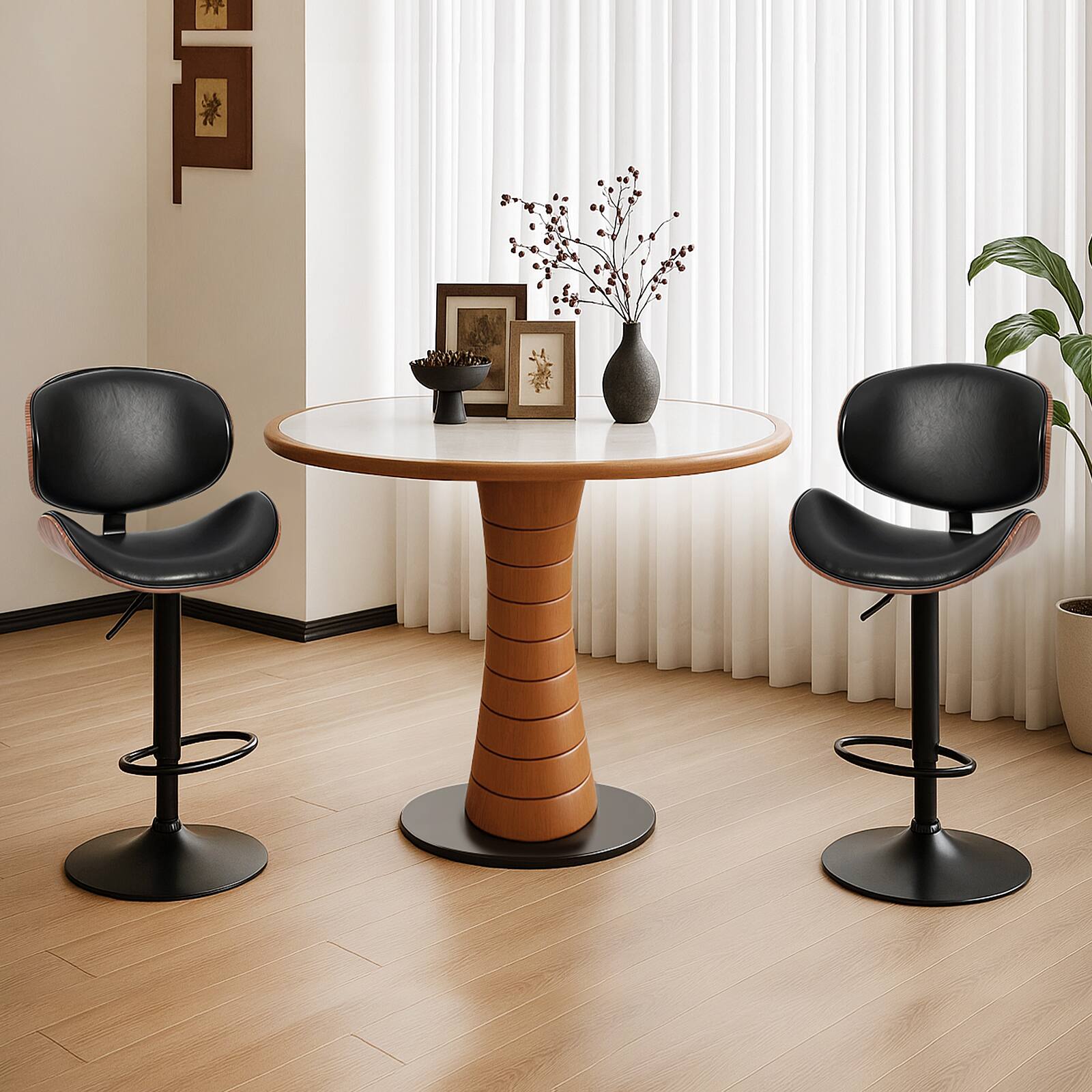 Angle. AENKYO - Set of 2 PU Leather Bar Stools Counter Height Stools with 360° Swivel & Adjustable Height - Black.