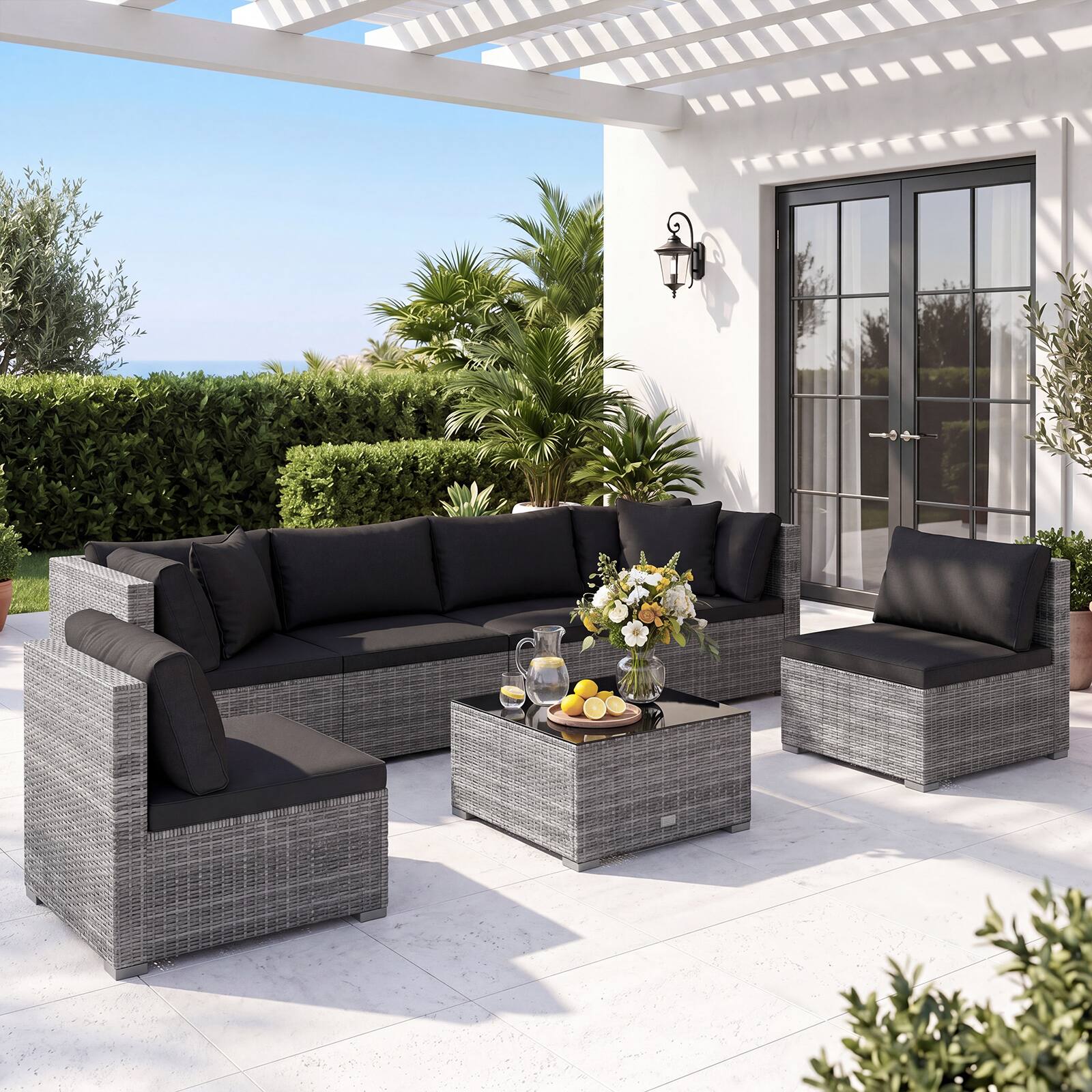 Alt View 4. Costway - 7PCS Patio Rattan Furniture Set Sectional Sofa Cushioned Garden - Black.