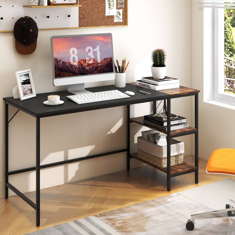 Left. SlickBlue - Industrial Writing Desk with Metal Frame and 2 Shelves for Home Office - Brown.