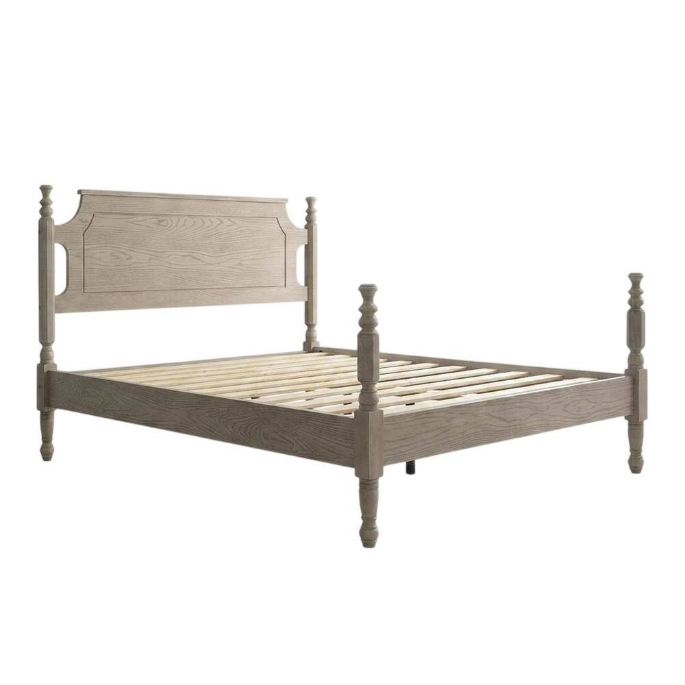 Back. FurniFact - Solid Wood Platform Bed with Headboard - Driftwood Gray Oak.