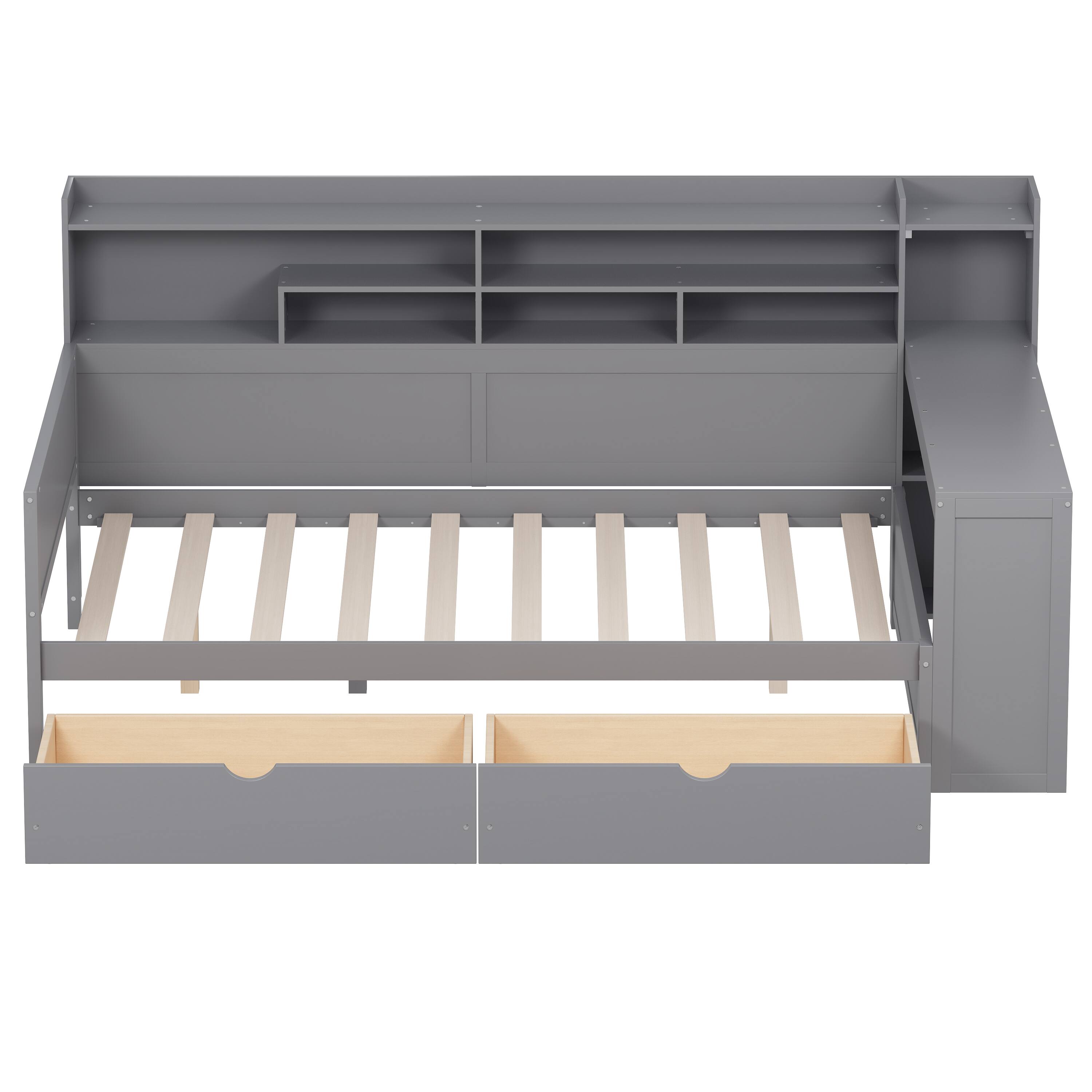 Alt View 4. Tiramisubest - Wooden Full Size Daybed with Storage Shelves, Multi-functional Bed with Two Storage Drawers and  Study Desk, Gray - Gray.