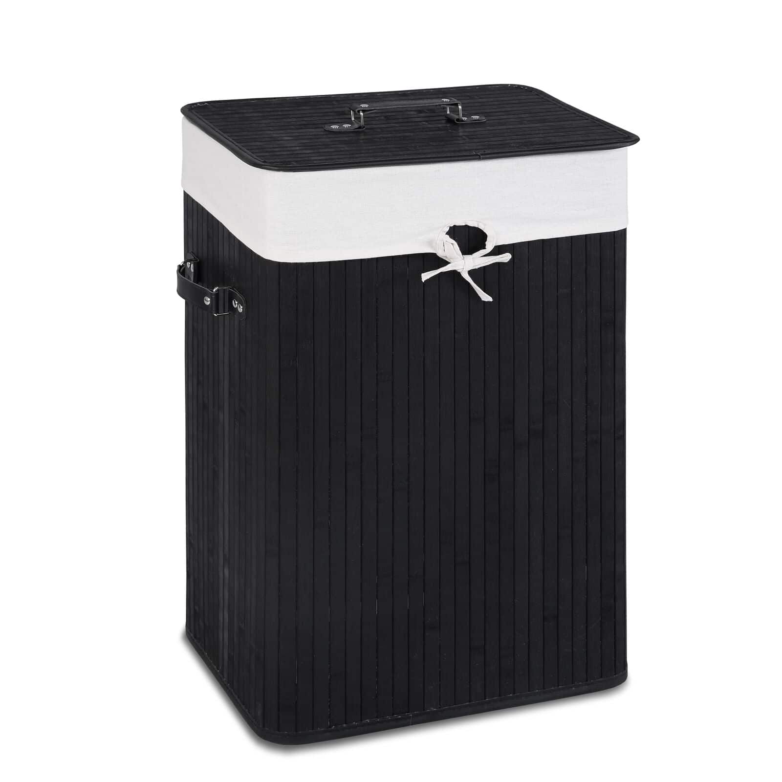 Front. Costway - Rectangle Bamboo Hamper Laundry Basket Washing Cloth Bin Rangier Lid Black - Black/White.