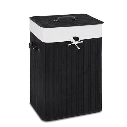 Front. Costway - Rectangle Bamboo Hamper Laundry Basket Washing Cloth Bin Rangier Lid Black - Black/White.