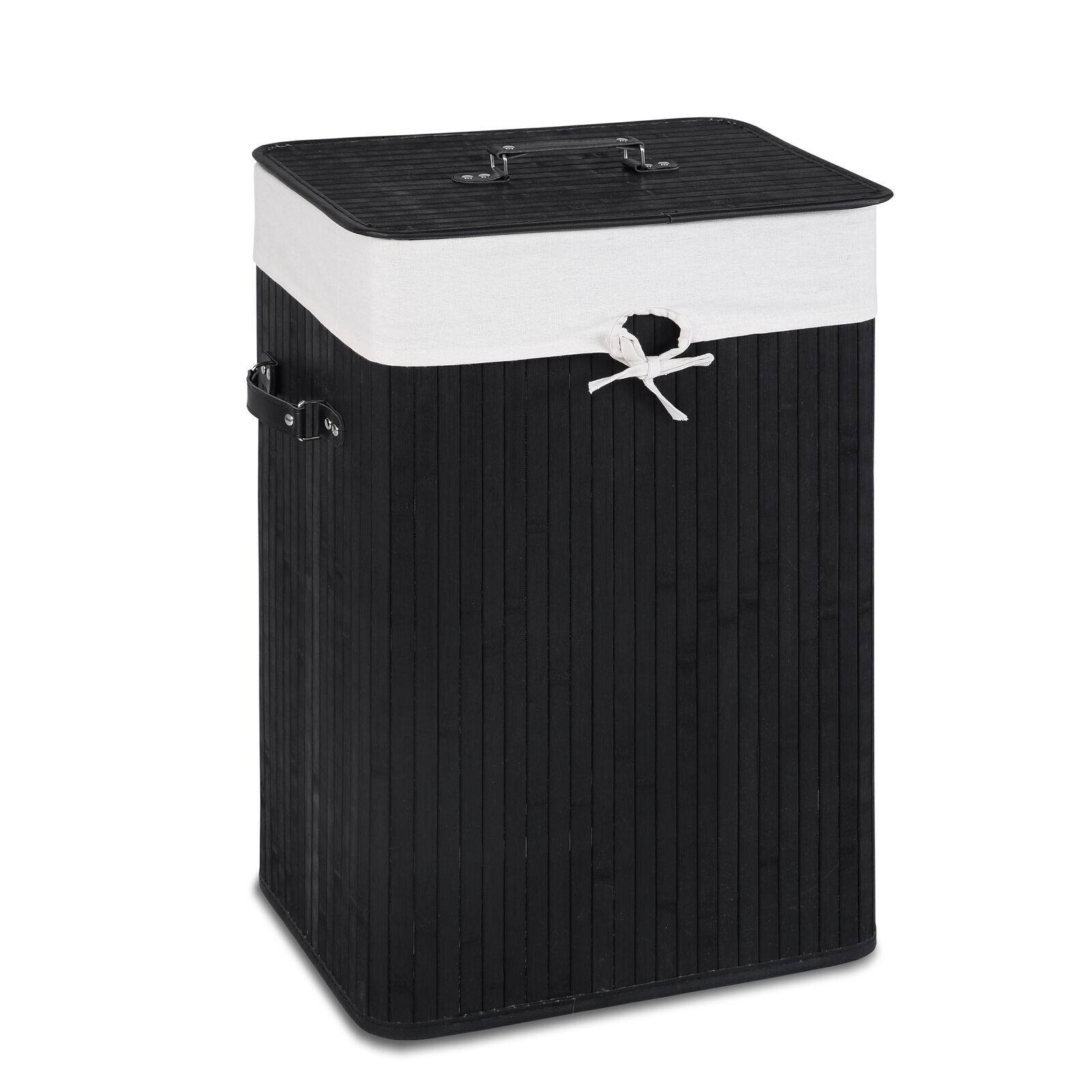 Costway - Rectangle Bamboo Hamper Laundry Basket Washing Cloth Bin Rangier Lid Black - Black/White
