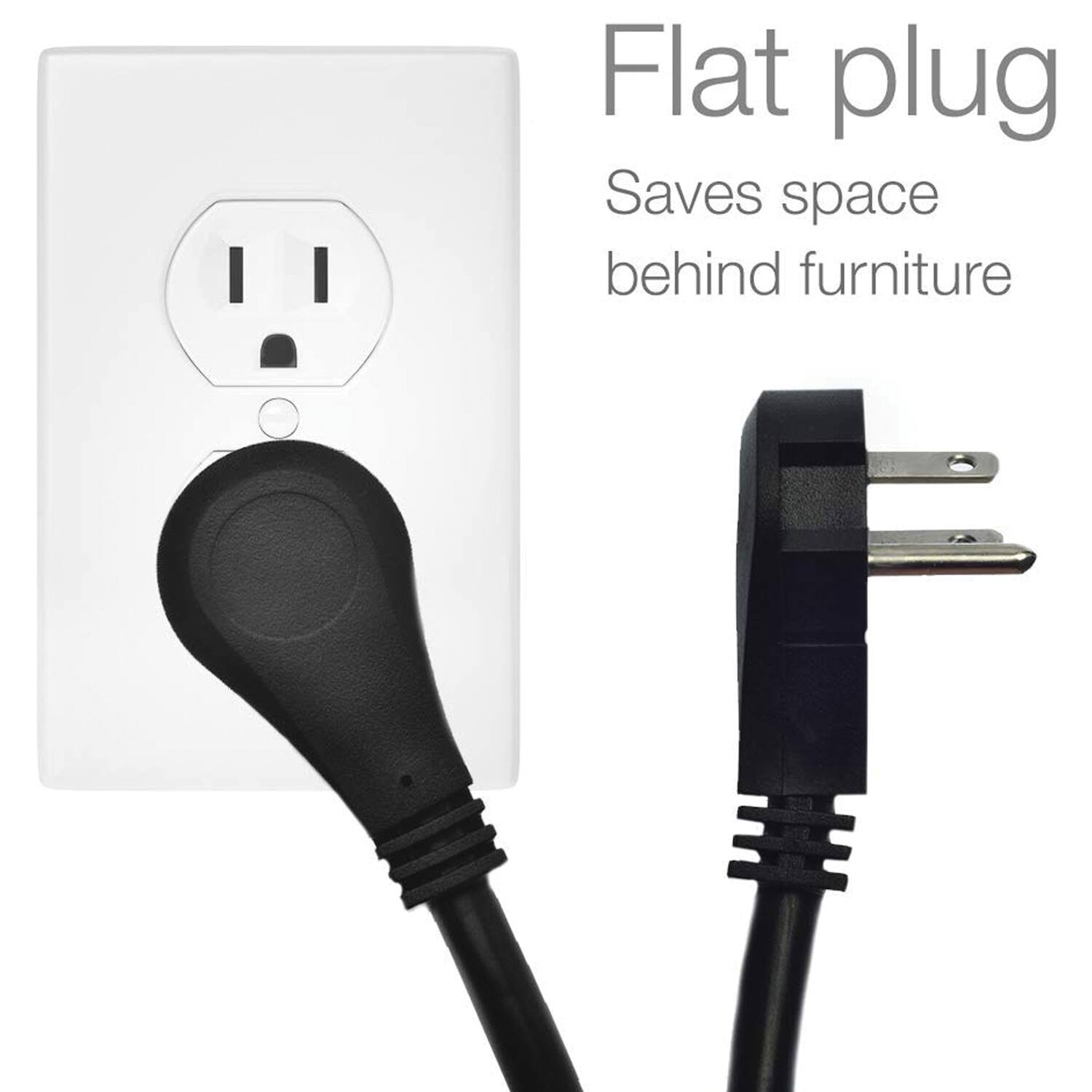 Flat plug  
Saves space behind furniture