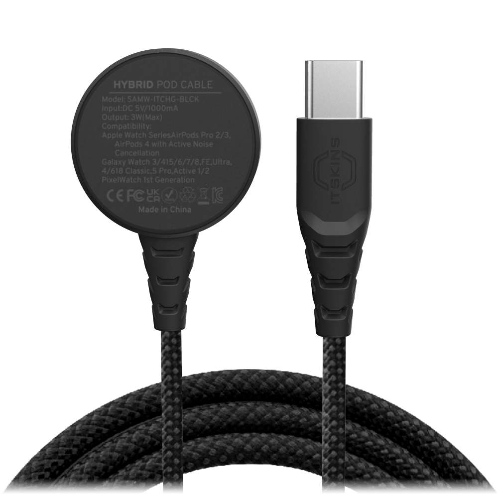 HYBRID POD CABLE  
Model: SAMW-ITCHG-BLCK  
Input: DC 5V/1000mA  
Output: 3W (Max)  
Compatibility:  
- Apple Watch Series  
- AirPods Pro 2/3  
- AirPods 4 with Active Noise Cancellation  
- Galaxy Watch 3/4/5/6/7/8, FE, Ultra  
- 4/6/18 Classic, 5 Pro, Active 1/2  
- PixelWatch 1st Generation  
UK FC CA  
Made in China