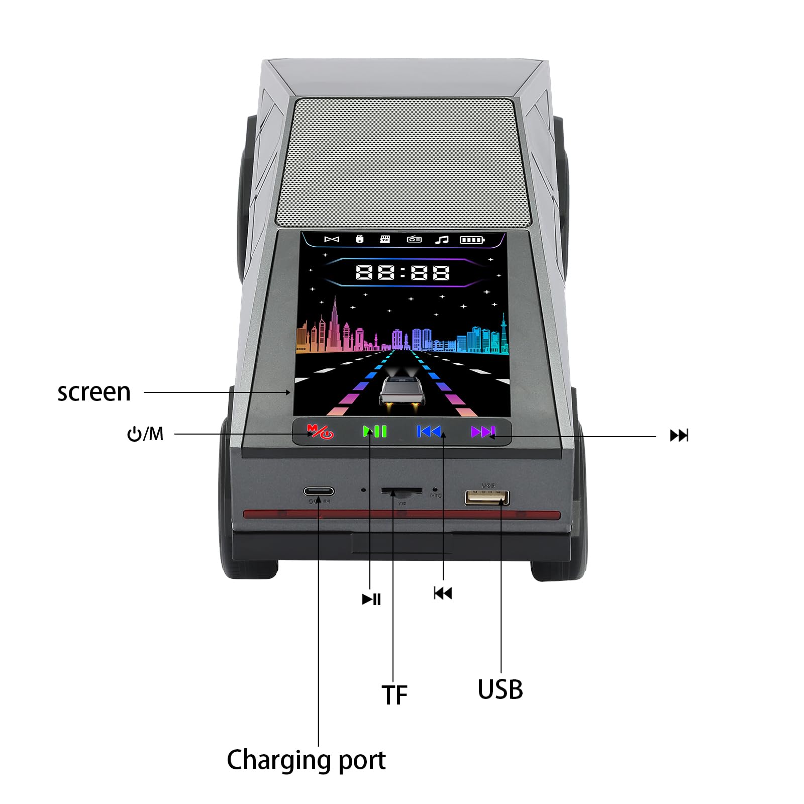 88:88  
screen  
O/M  
H 144  
DN  
VEE  
II  
K  
TF  
USB  
Charging port