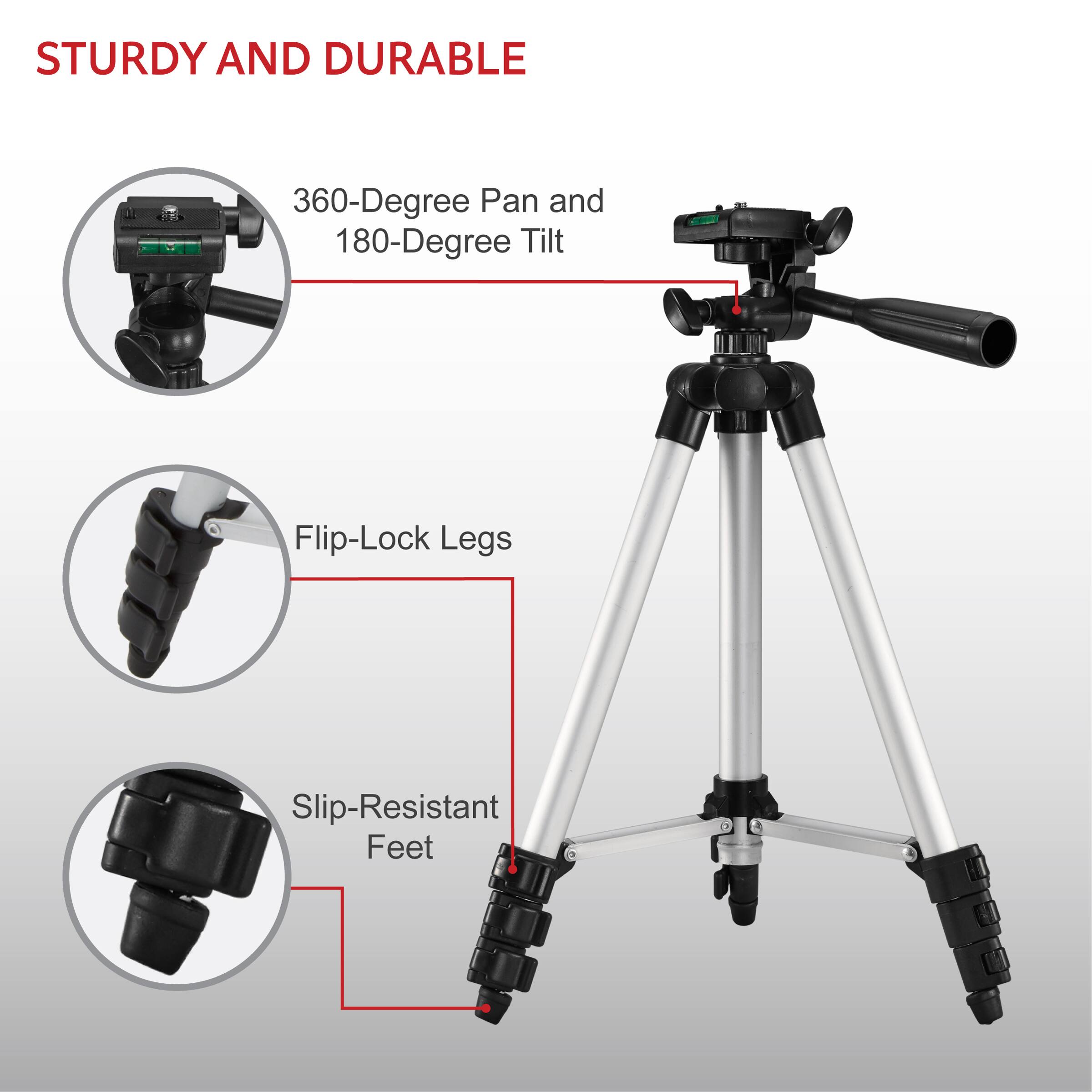 STURDY AND DURABLE

- 360-Degree Pan and 180-Degree Tilt
- Flip-Lock Legs
- Slip-Resistant Feet