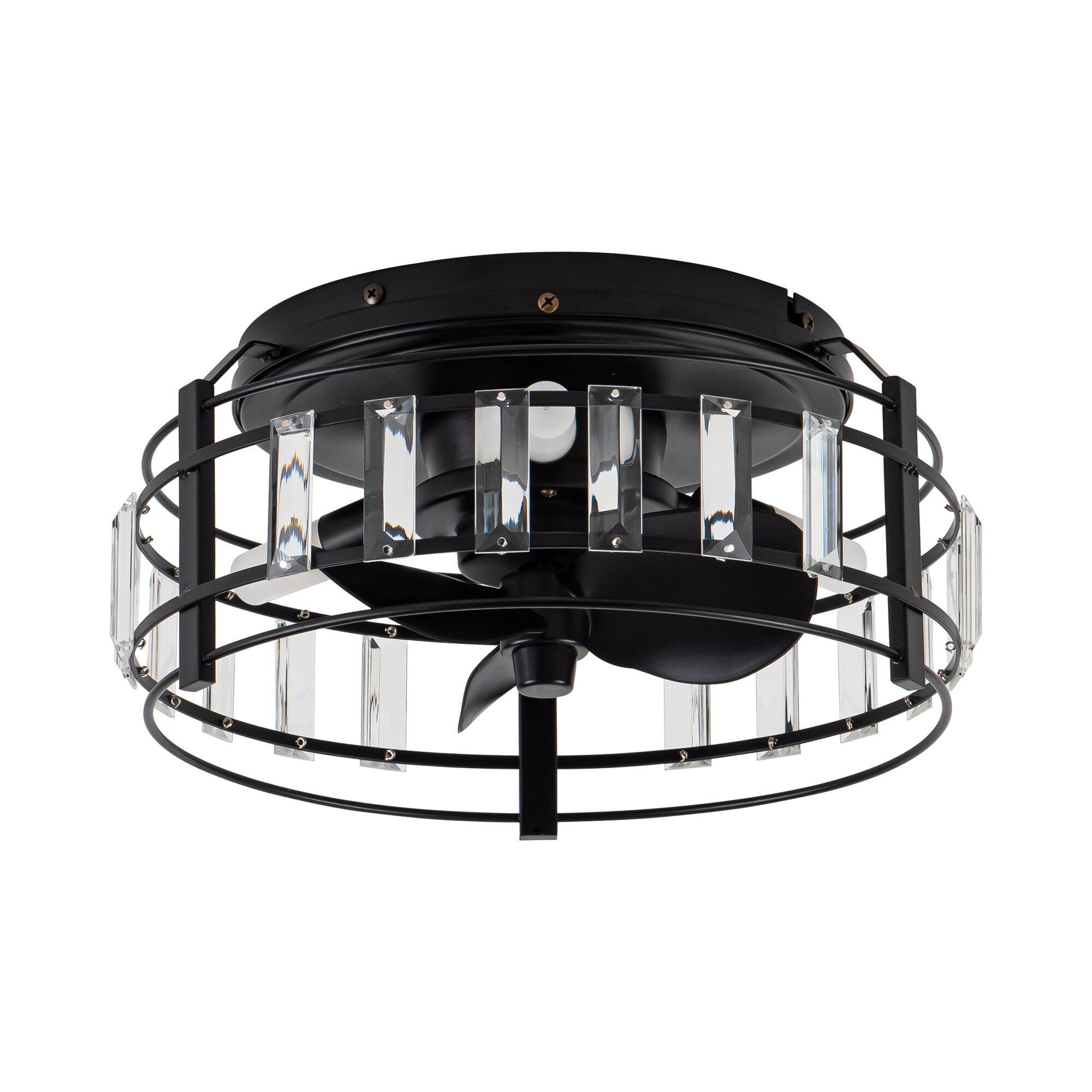 Alt View 2. Parrot Uncle - 13" Modern Flush Mount Crystal Ceiling Fan with LED Light - Matte Black.